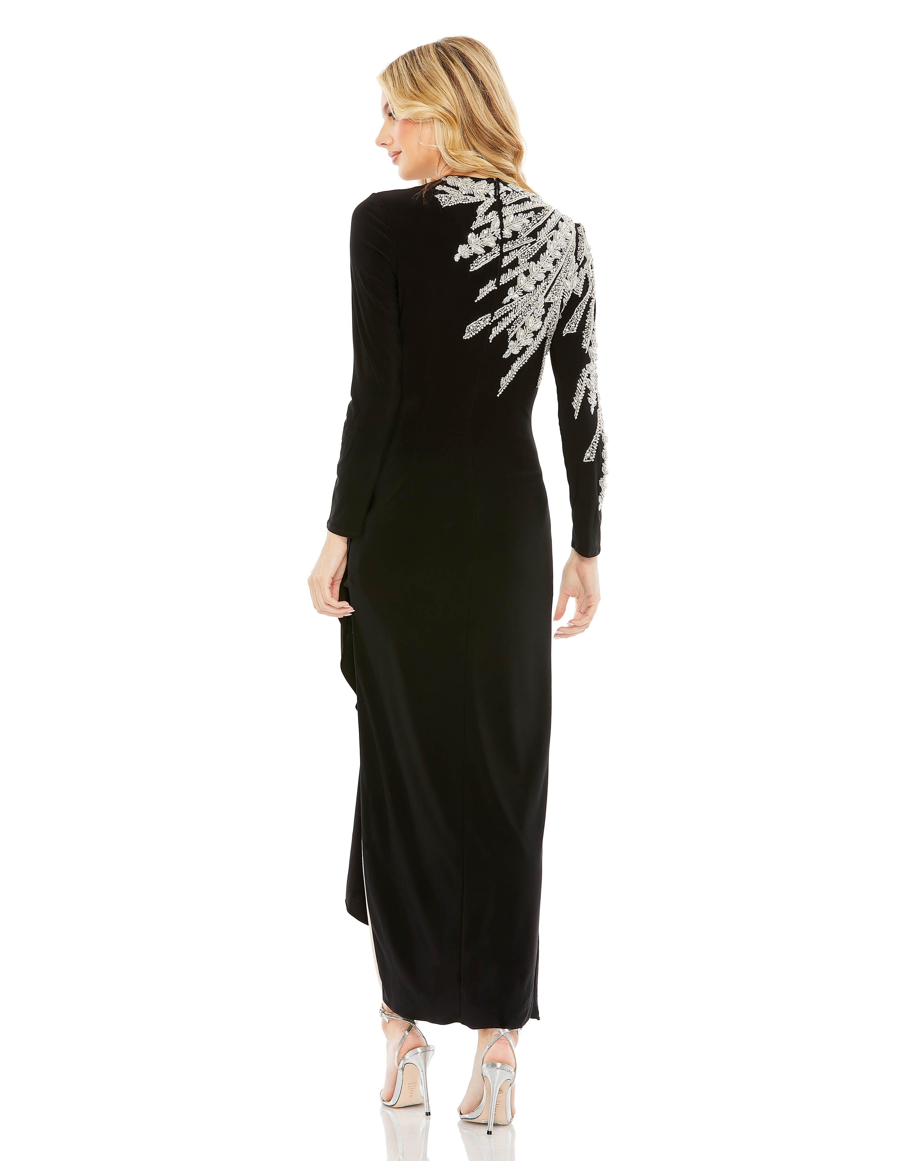 Formal Dresses Beaded Long Sleeve Formal Tea Length Dress Black