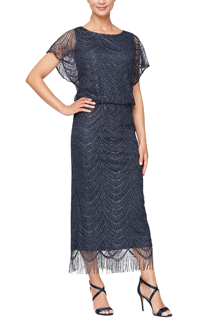 Mother of the Bride Dresses Metallic Crochet Blouson Dress Silver
