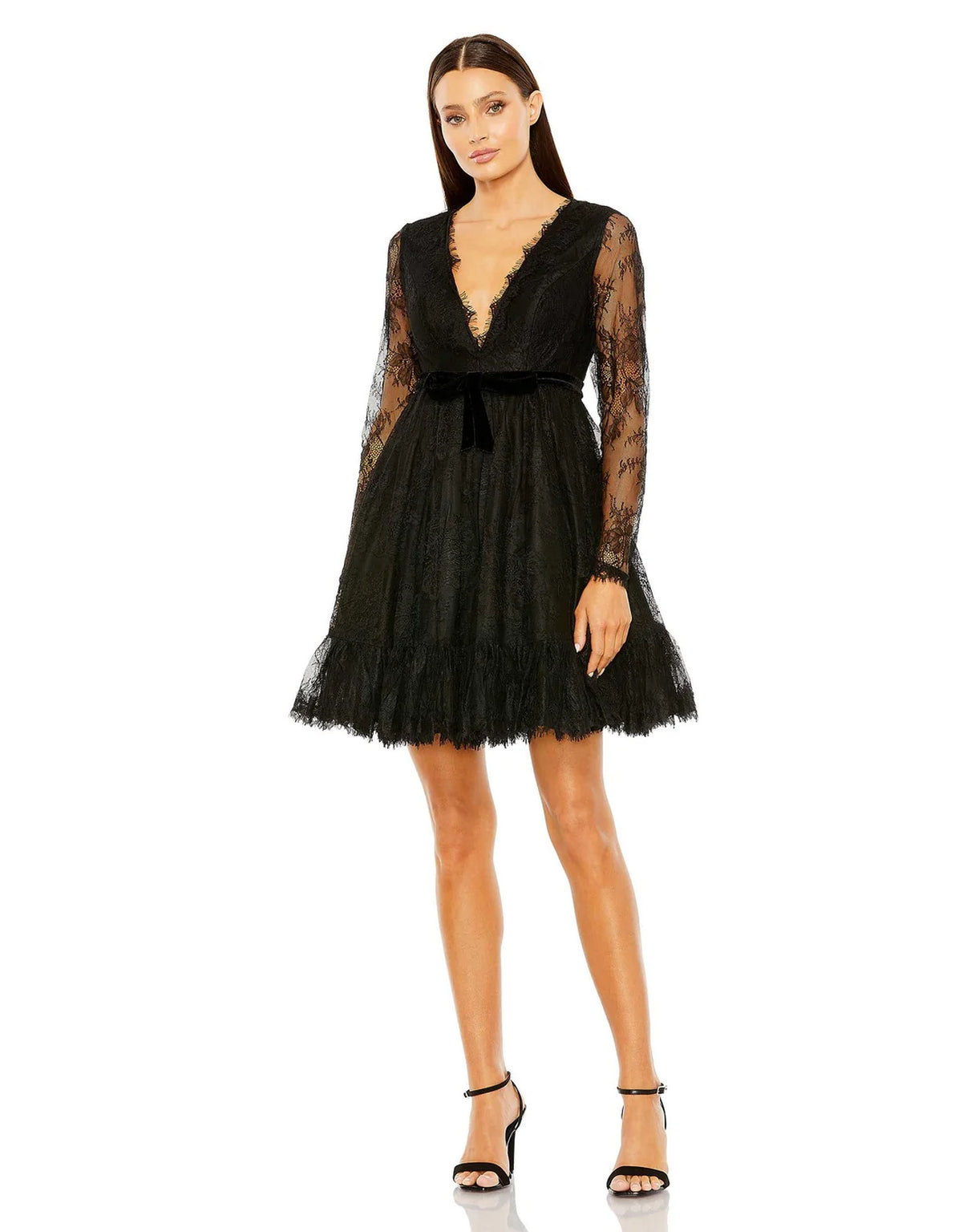 Black Mac Duggal 49794 Long Sleeve Deep V Lace Babydoll Short