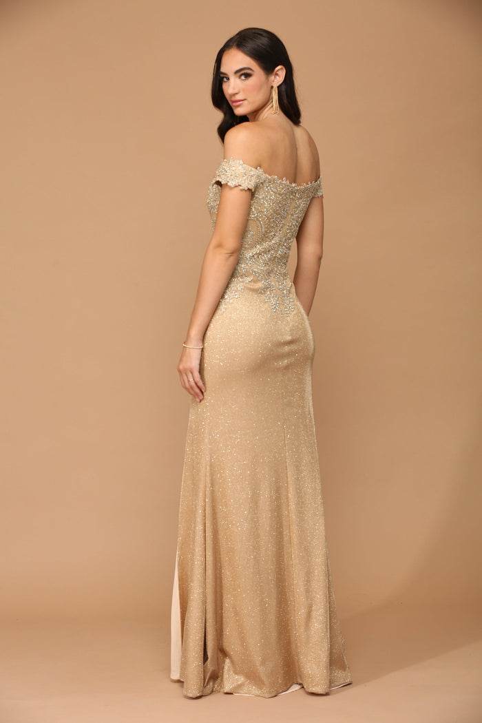 Long Off Shoulder Formal Metallic Prom Dress