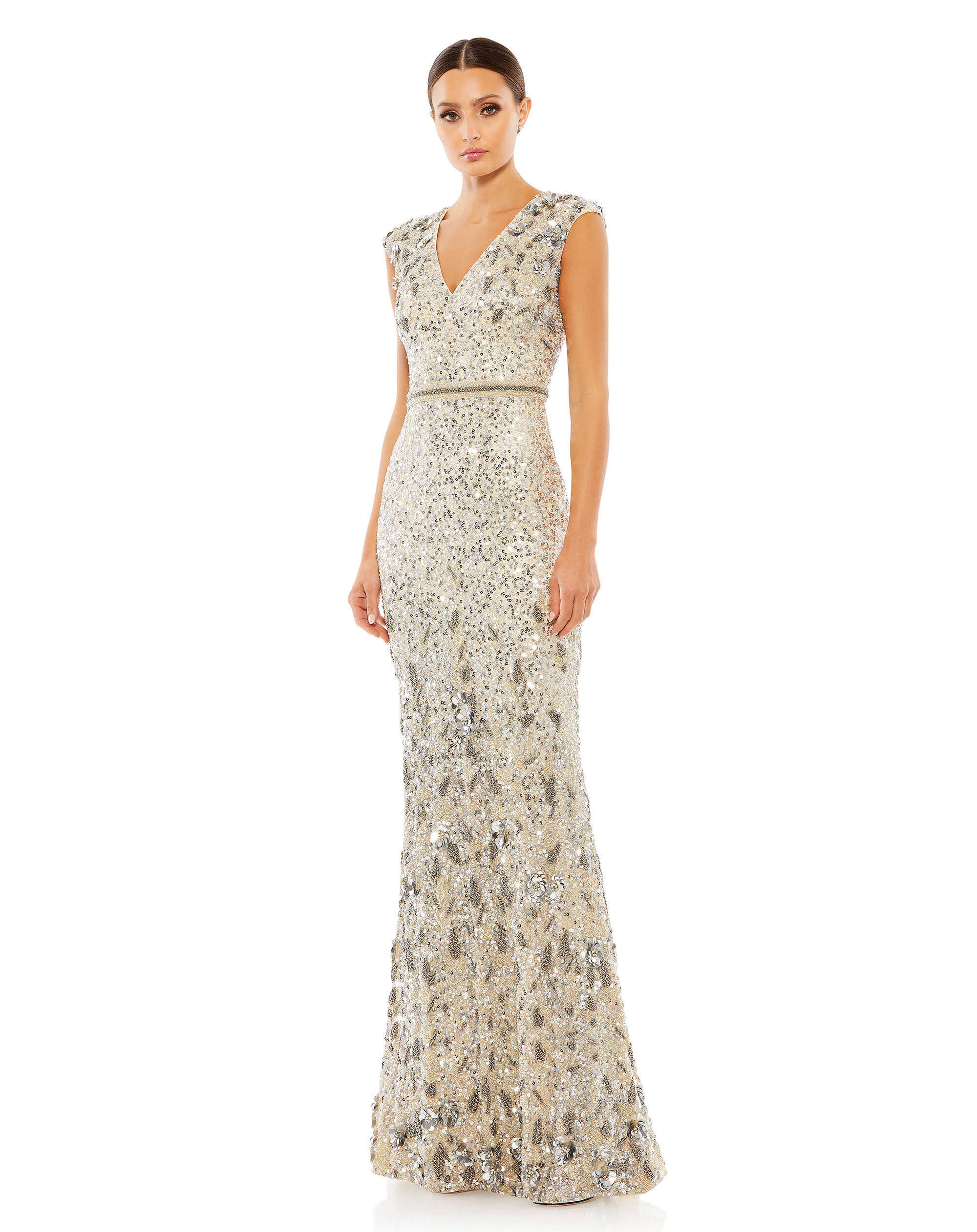 Formal Dresses Long Embellished V Neck Cap Sleeve Sequin Dress Nude Silver