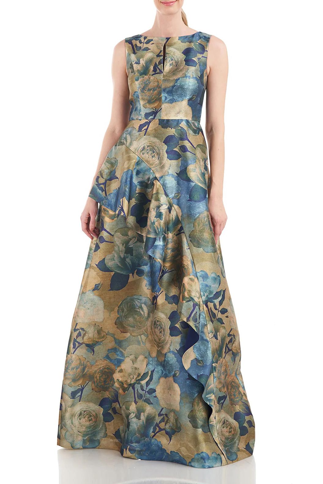 GOLD MULTI Kay Unger 5518282 Long Sleeveless Floral Print Formal