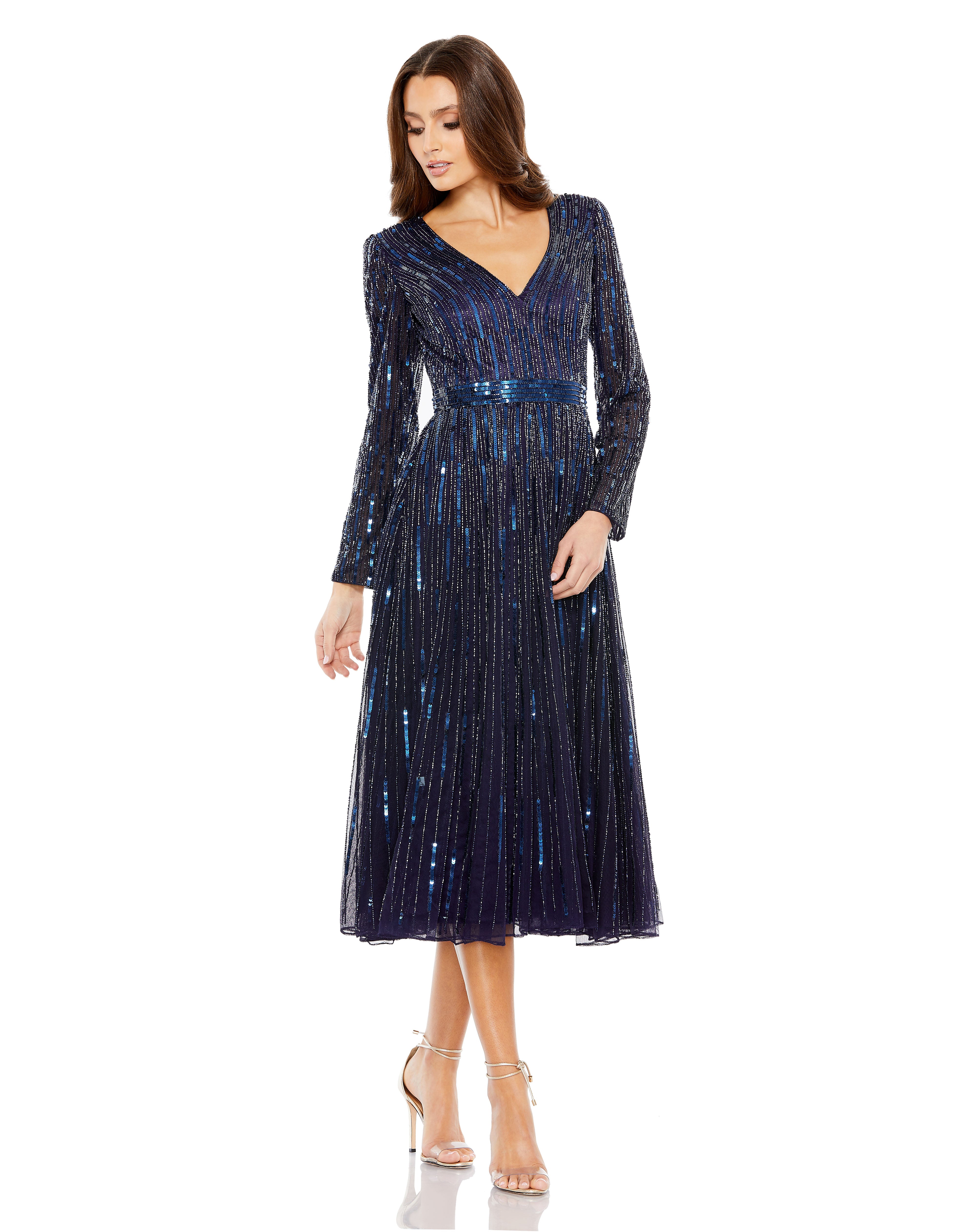 Midnight Mac Duggal 5528 Long Sleeve Sequin Cocktail Tea Length Dress