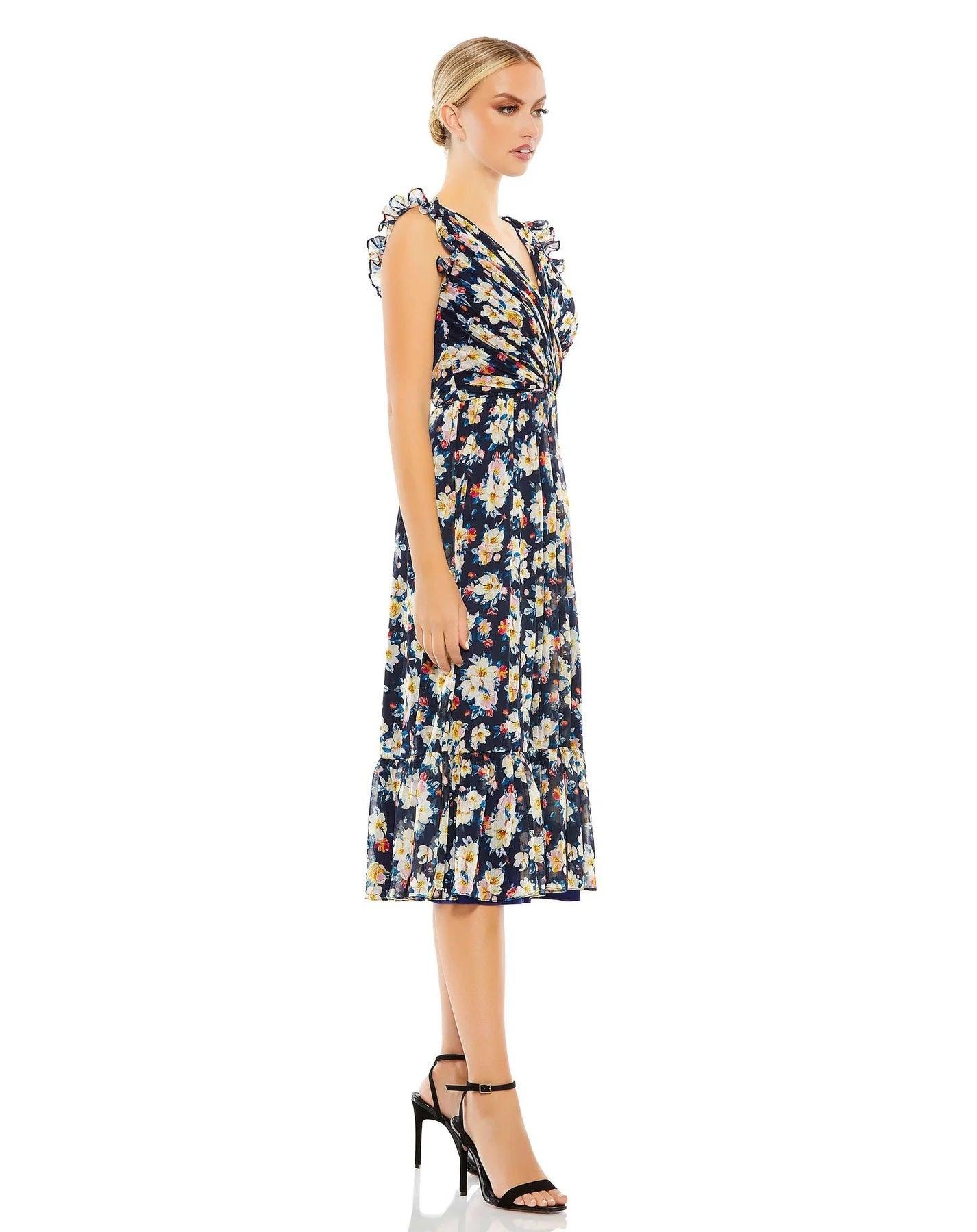 Formal Dresses Floral Chiffon Formal Midi Length Dress Sale Navy Multi
