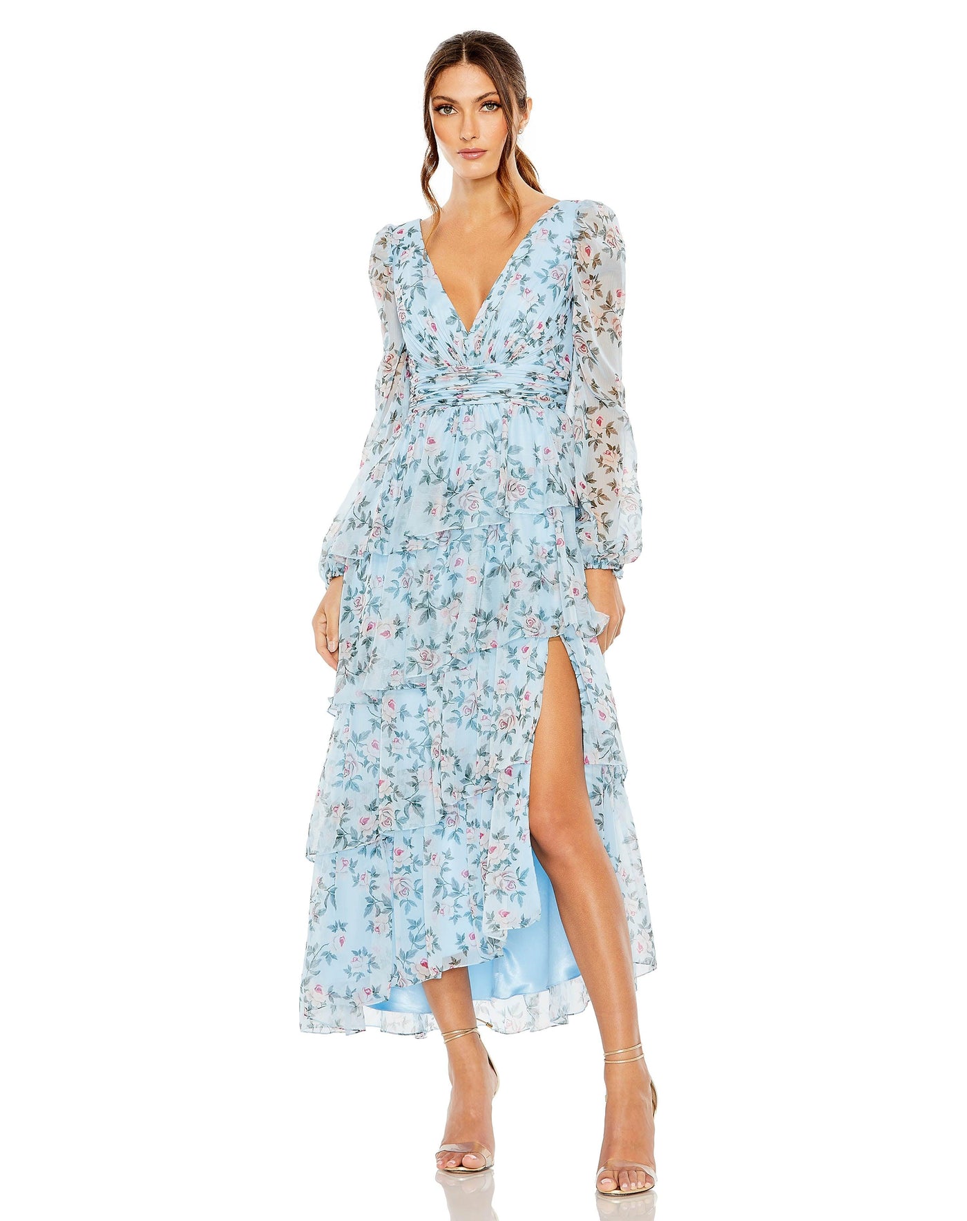 Formal Dresses Long Sleeve Floral High Low Dress Aqua Multi