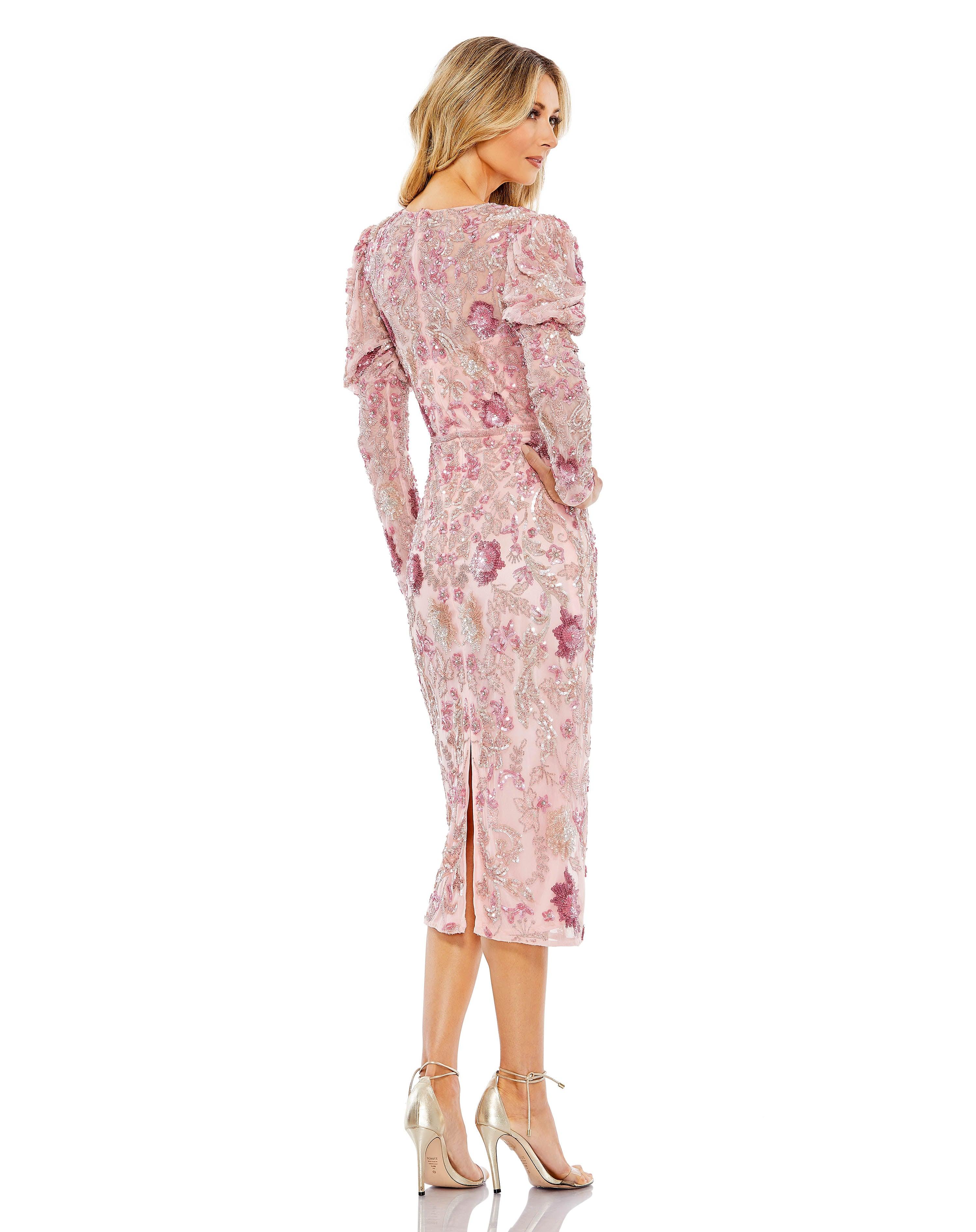 Cocktail Dresses Tea Length Long Sleeve Formal Dress Rose