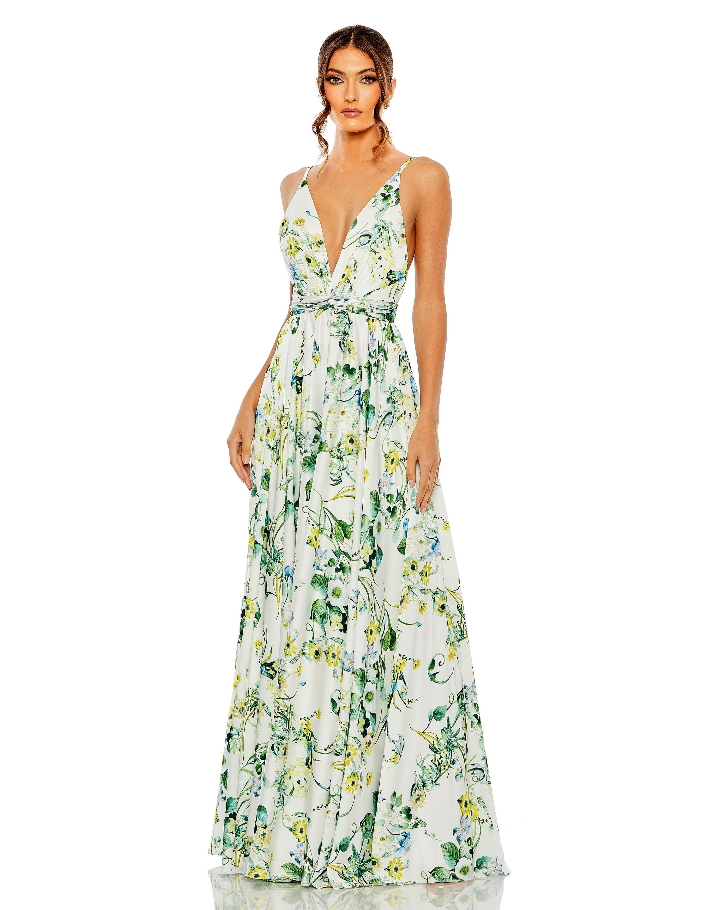 White Multi Mac Duggal 55983 Prom Long Formal Floral Print Dress for $398.0 – The Dress Outlet