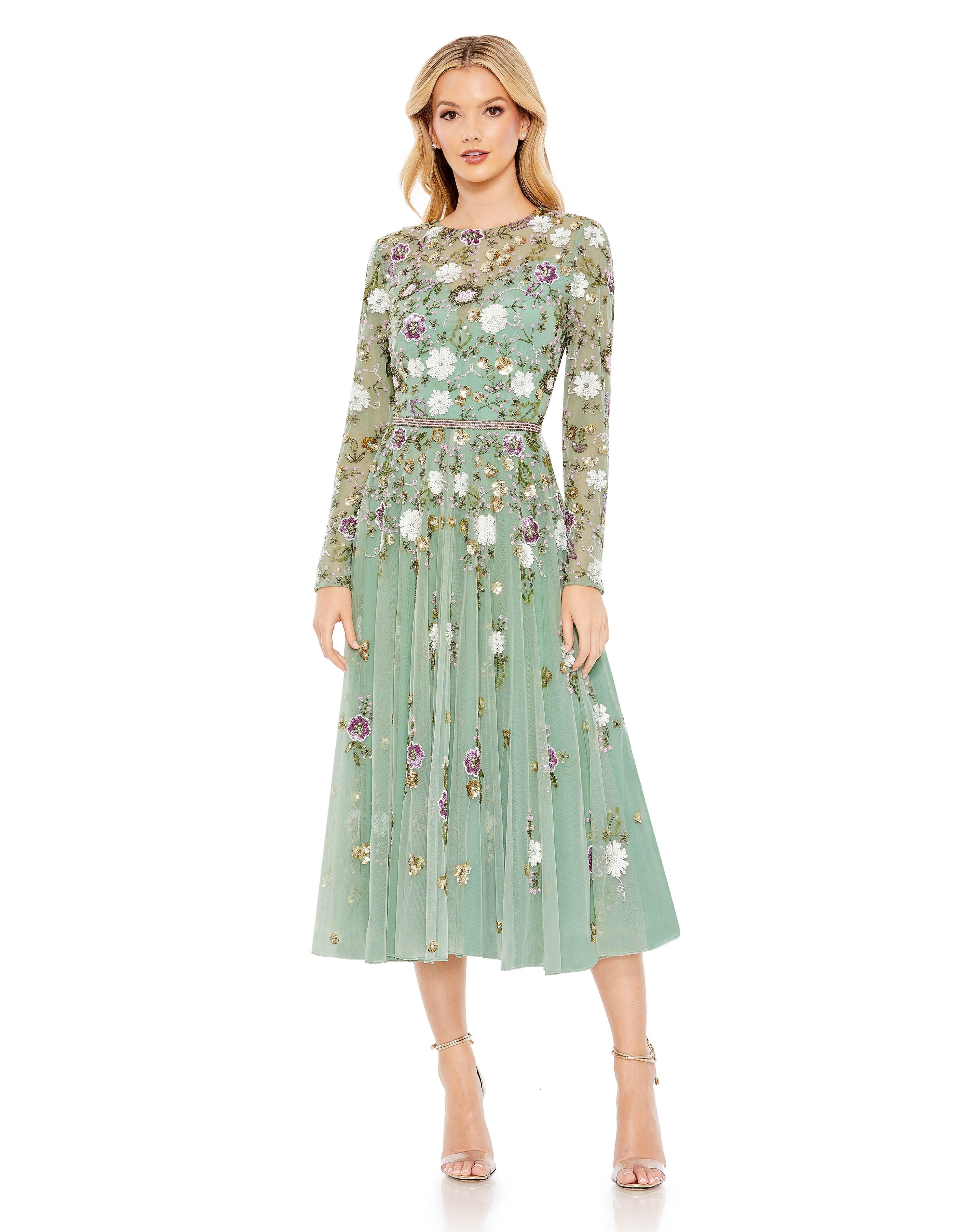 Cocktail Dresses Tea Length Long Sleeve Formal Dress Sage Multi