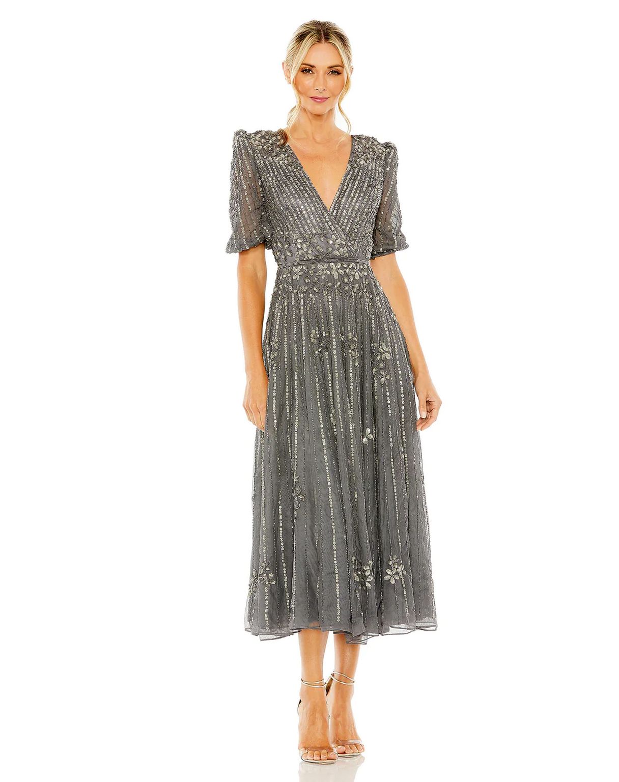 Mother of the Bride Dresses Puff Quarter Length Sleeve V Neck Midi Dress Pewter