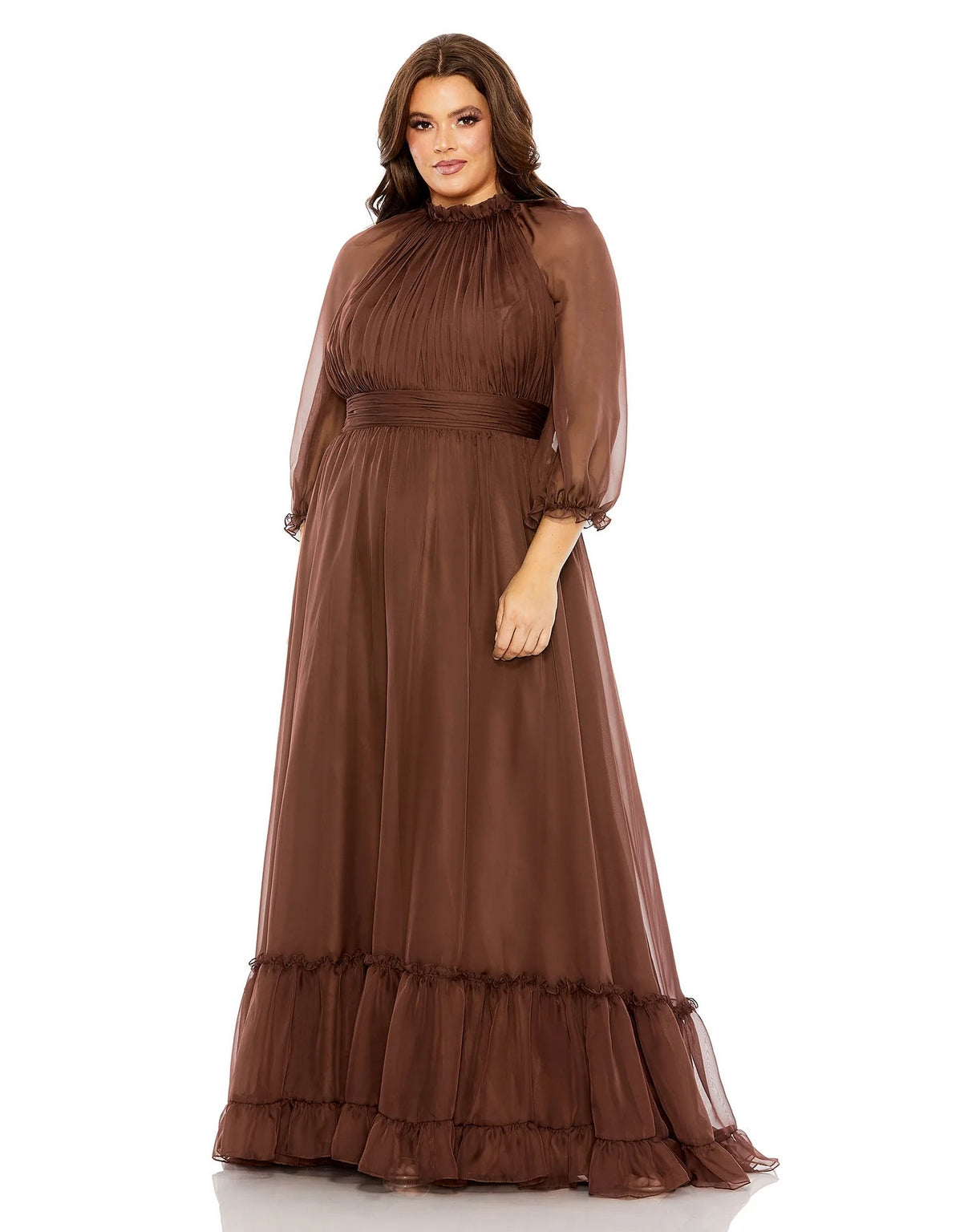 Chocolate Mac Duggal 68426 Plus Size Puff Sleeve Tiered A Line Long Dress - Plus  Size Formal Dresses \u0026 Gowns