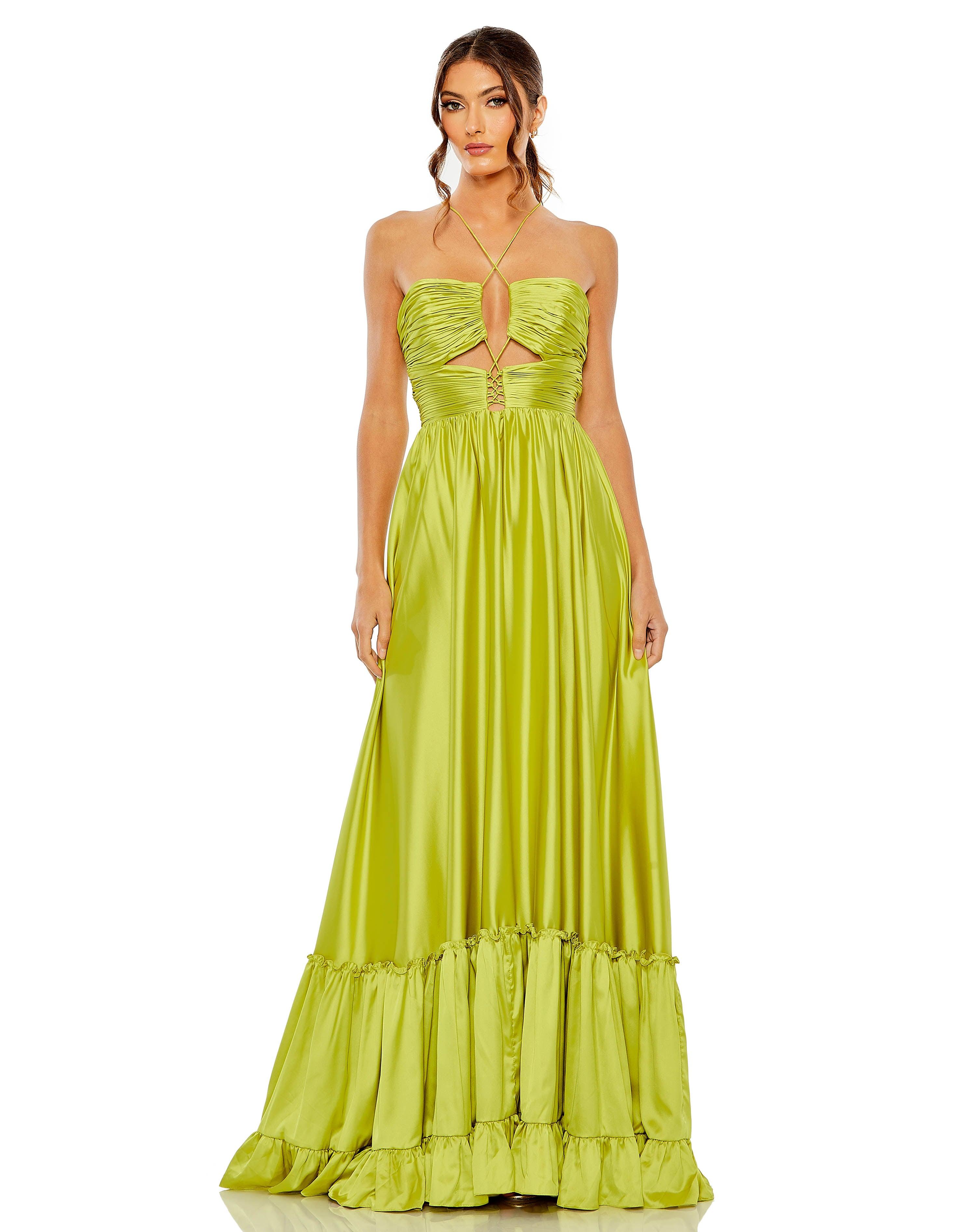 Chartreuse Mac Duggal 68486 Prom Long Halter Formal Gown