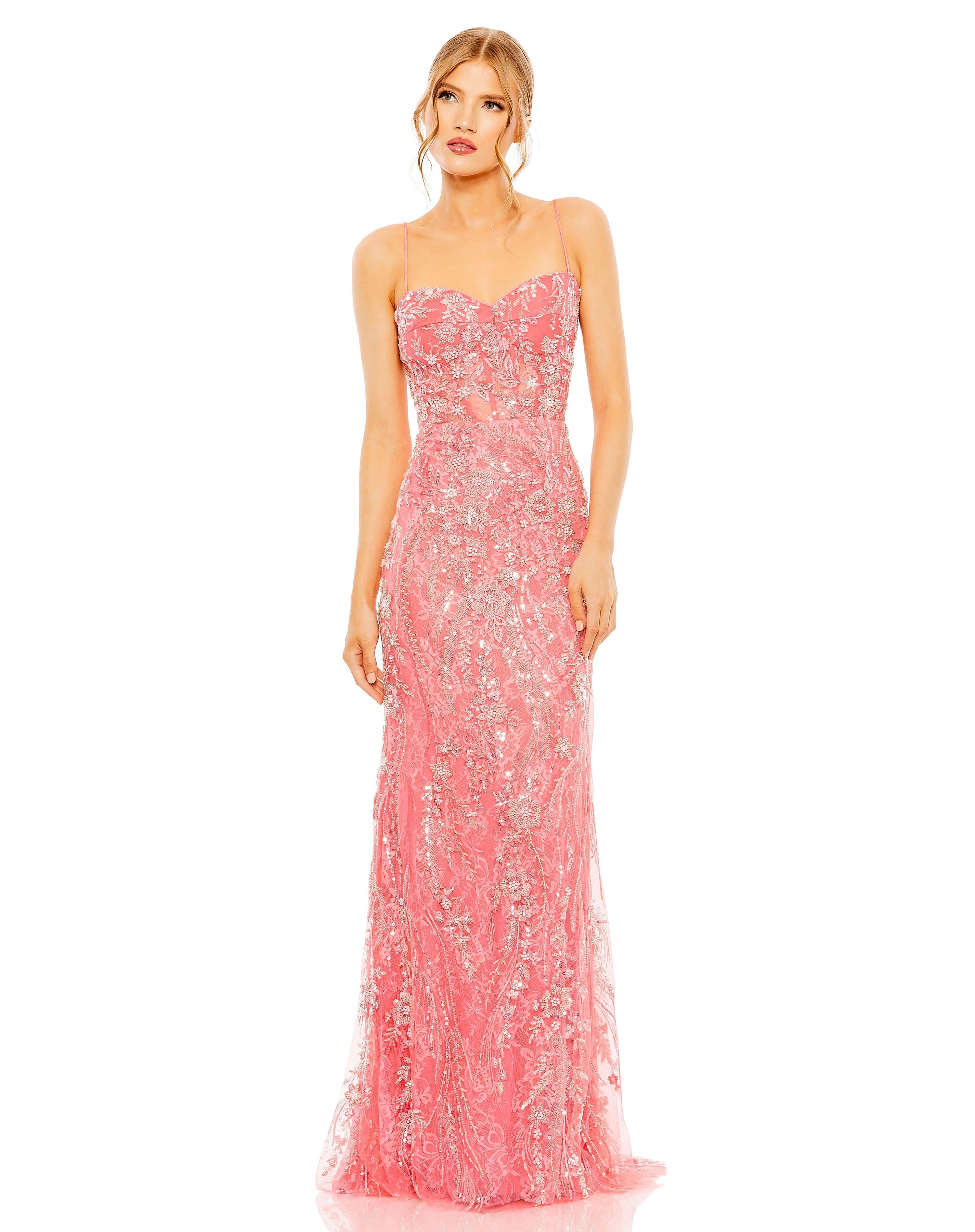 Coral Mac Duggal 68511 Long Beaded Floral Prom Dress
