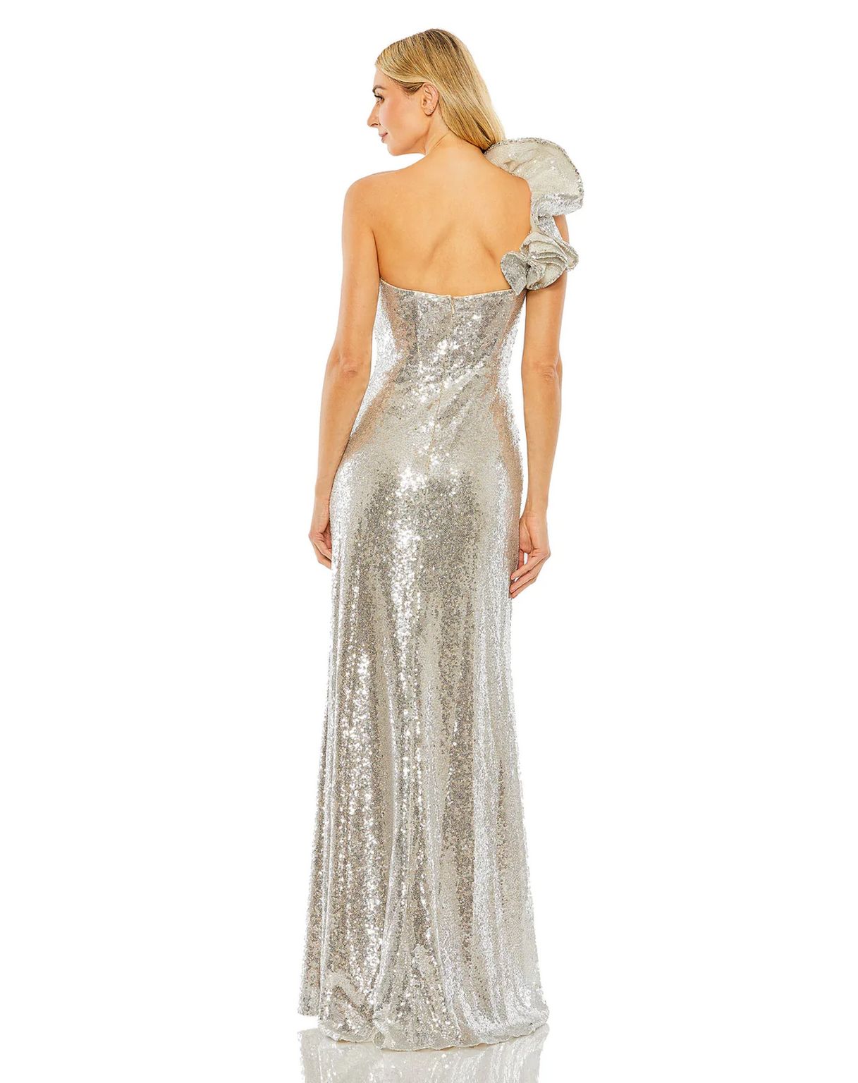 Prom Dresses Long Ruffled One Shoulder Prom Dress Nude Silver