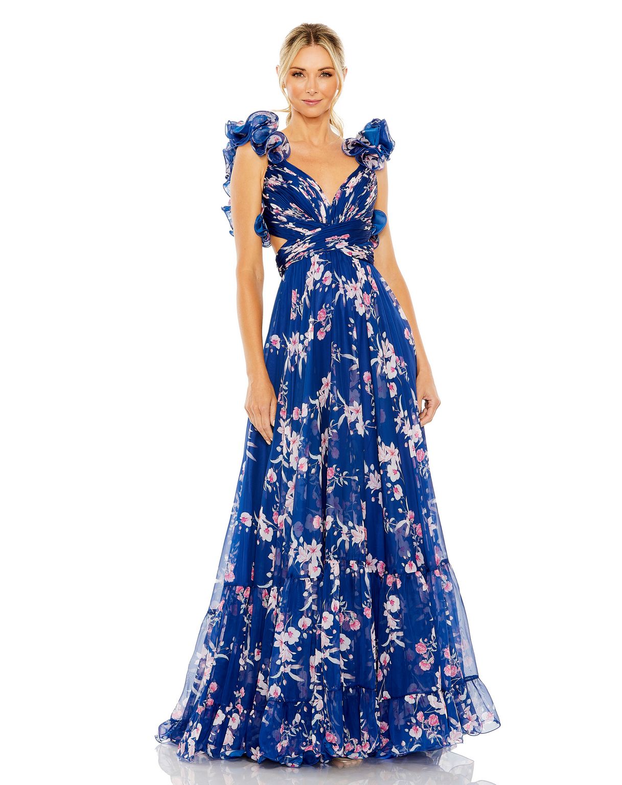 Blue Multi Mac Duggal 68520 Tiered Floral Long Prom Formal Dress