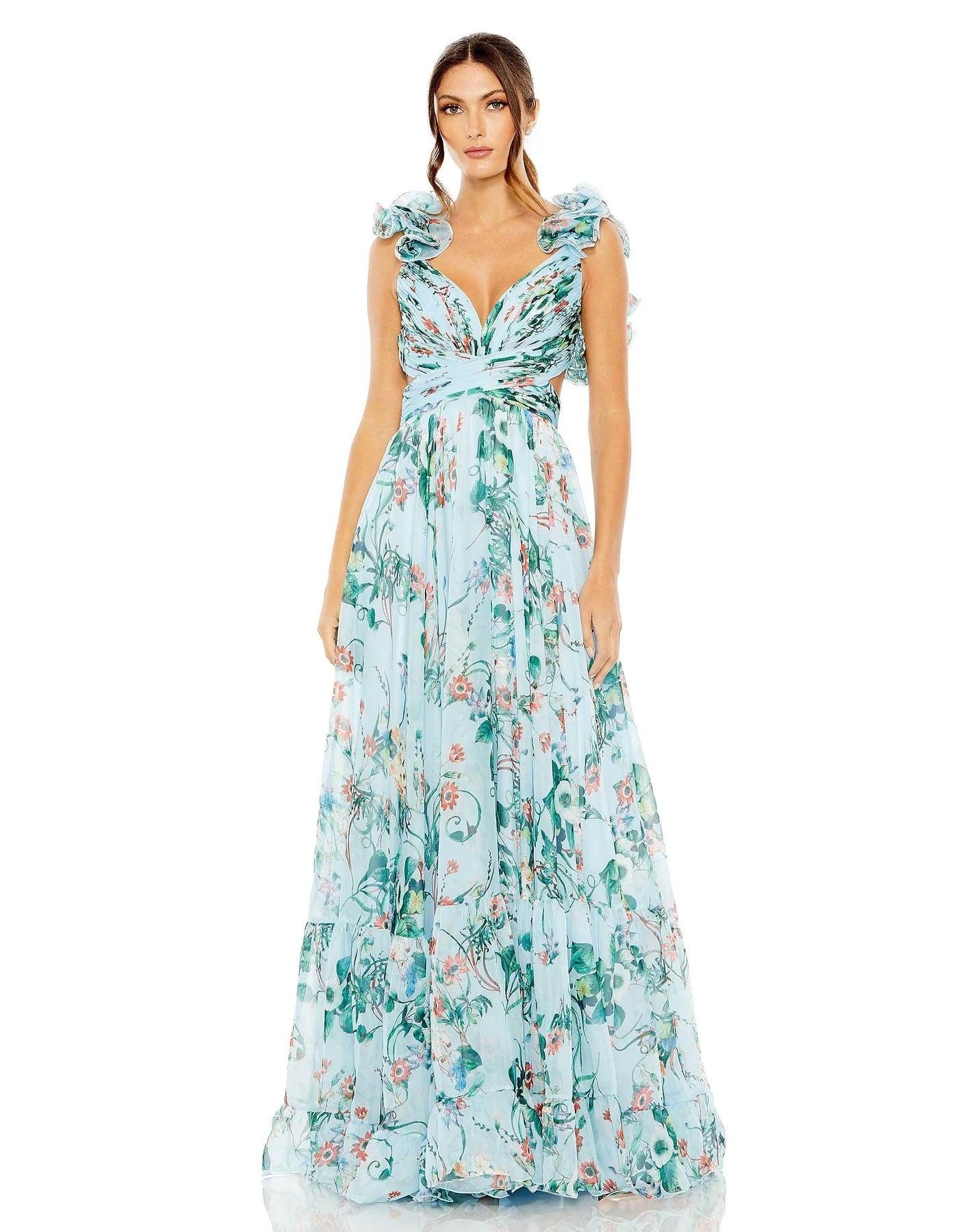 Blue Multi Mac Duggal 68521 Long Cap Sleeve Floral Chiffon