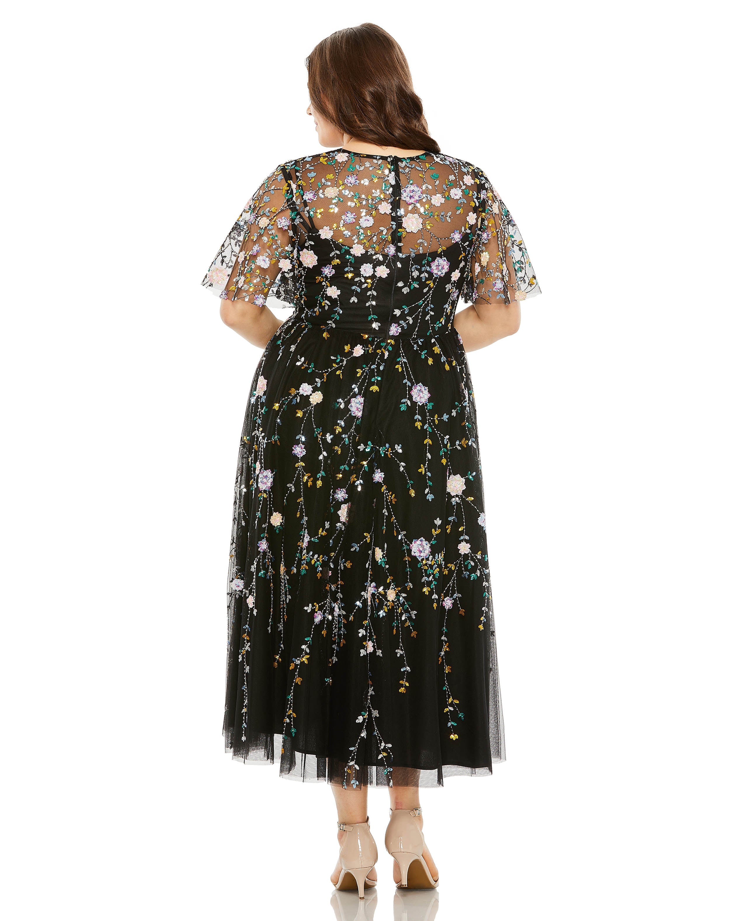 Plus Size Dresses Plus Size Sequin Floral Detail Midi Dress Black Multi