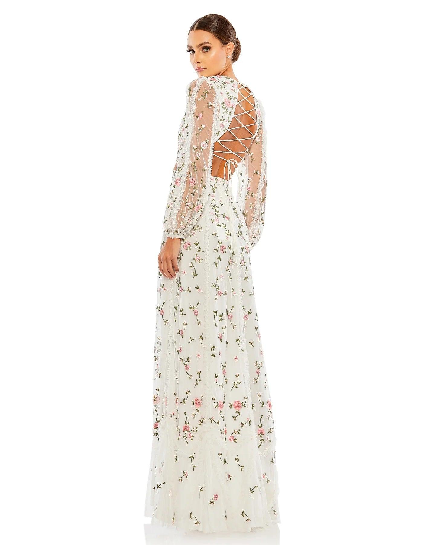 Formal Dresses Long Sleeve Floral Formal Dress Ivory Multi