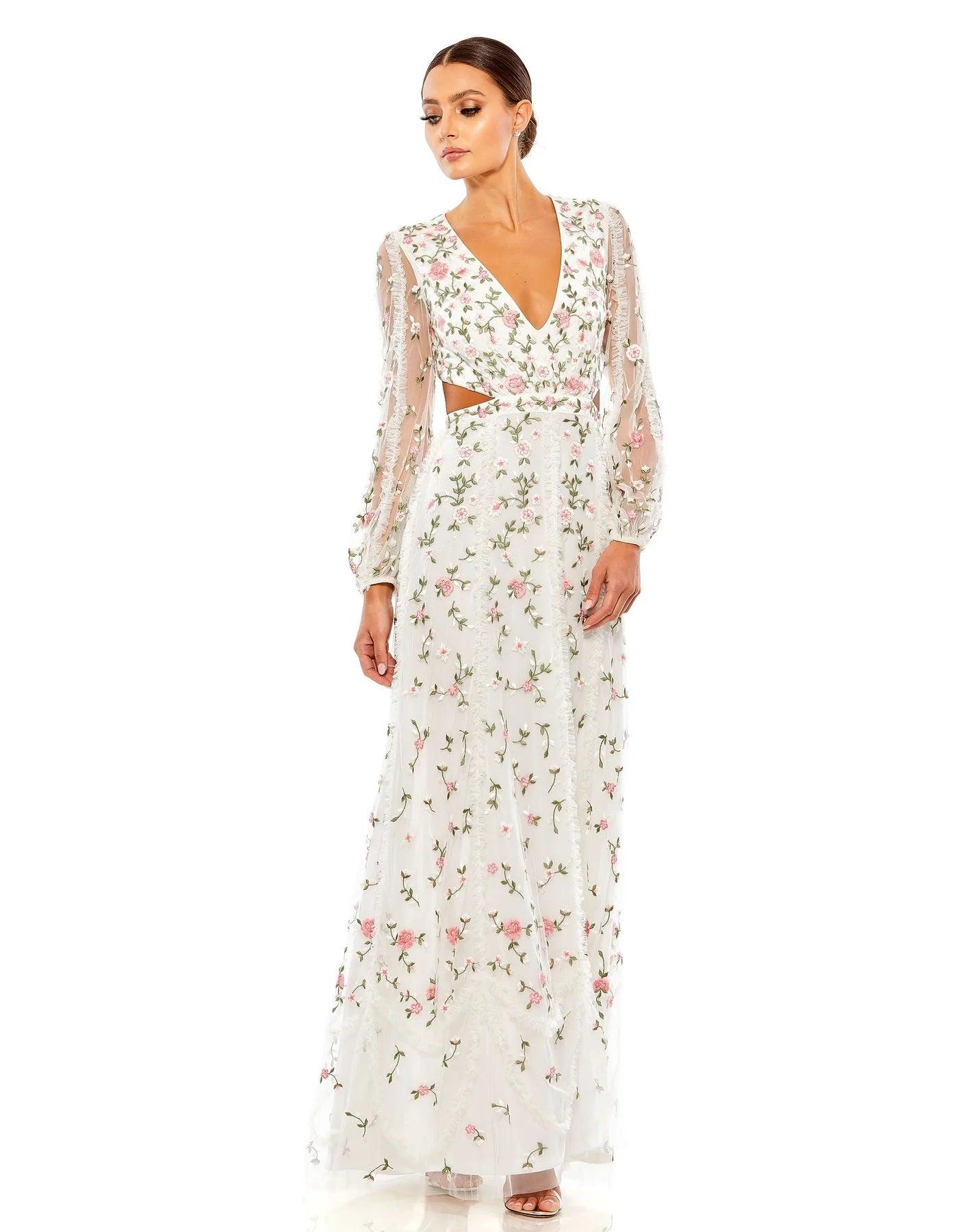Formal Dresses Long Sleeve Floral Formal Dress Ivory Multi