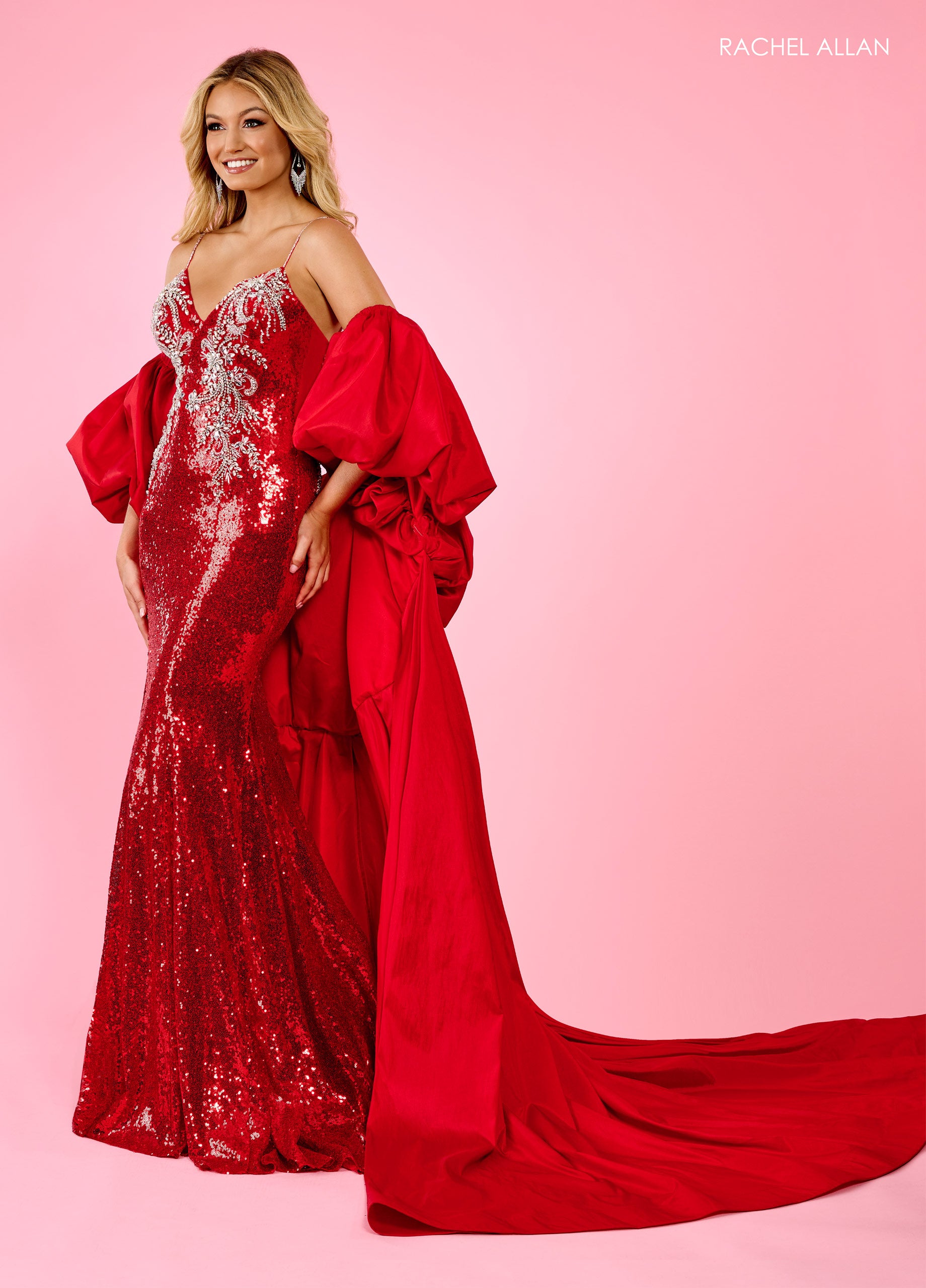 Detachable Sleeves Long Sequins Prom Dress Red