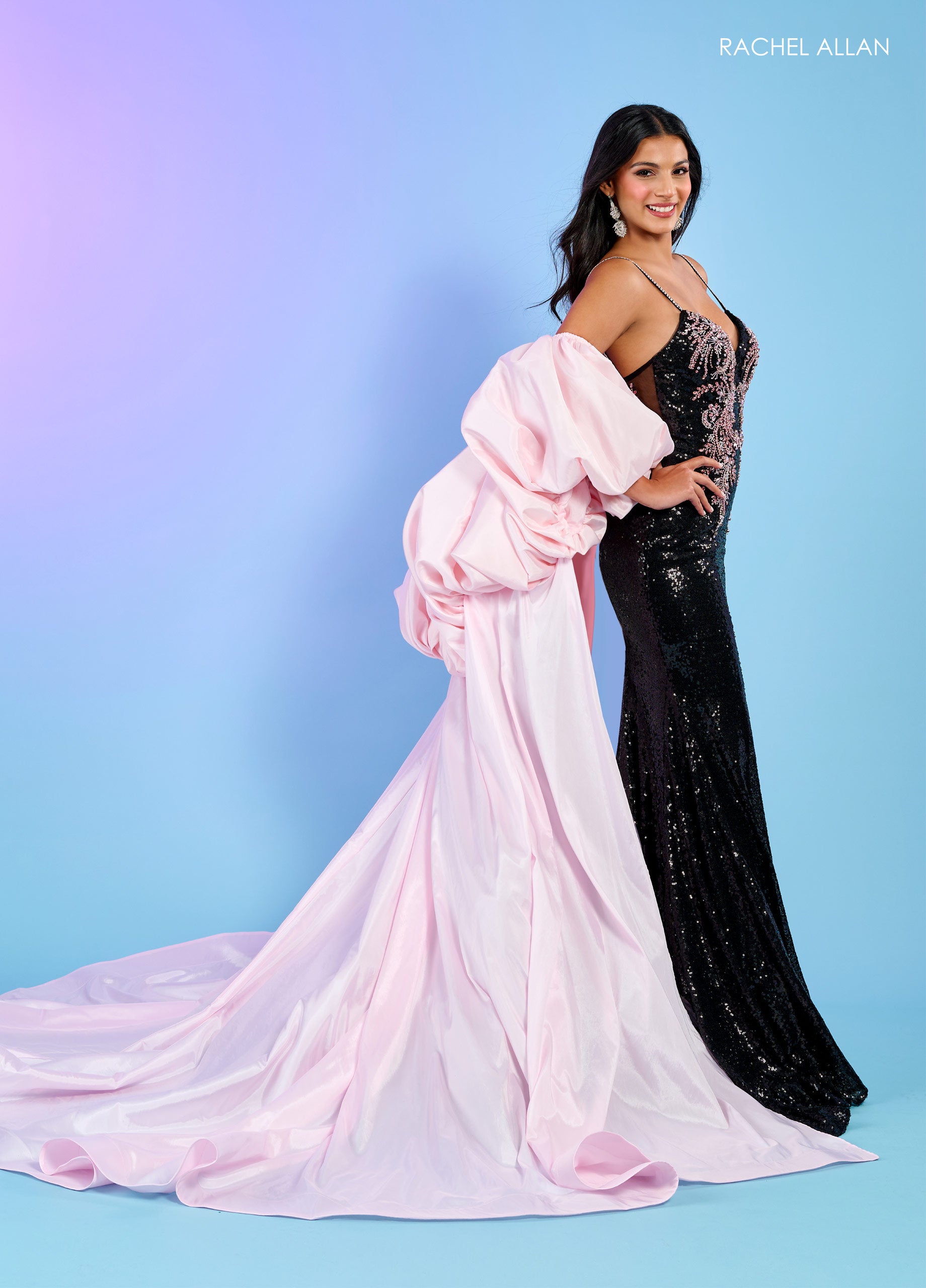 Detachable Sleeves Long Sequins Prom Dress Black Pink