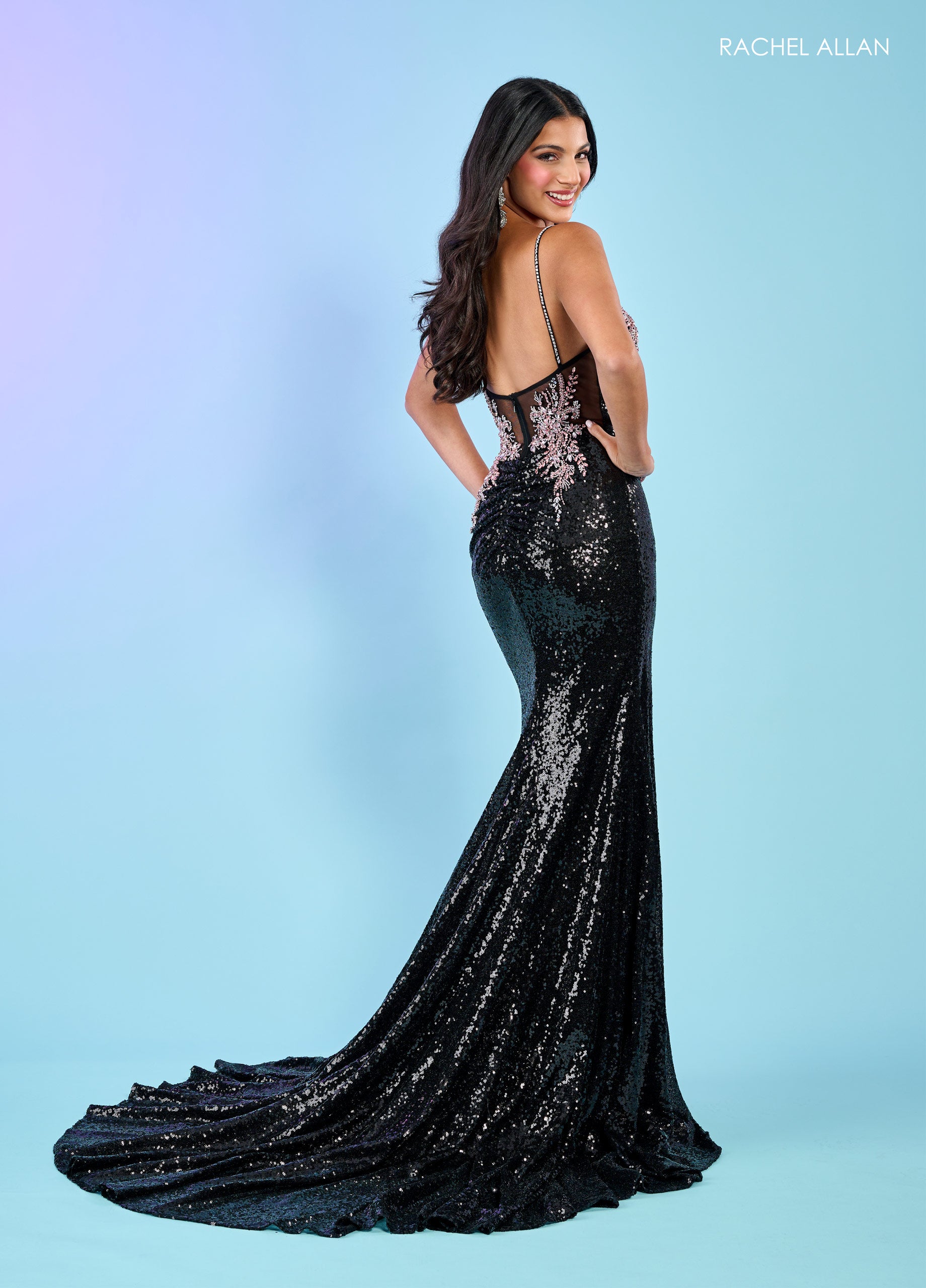 Detachable Sleeves Long Sequins Prom Dress Black Pink
