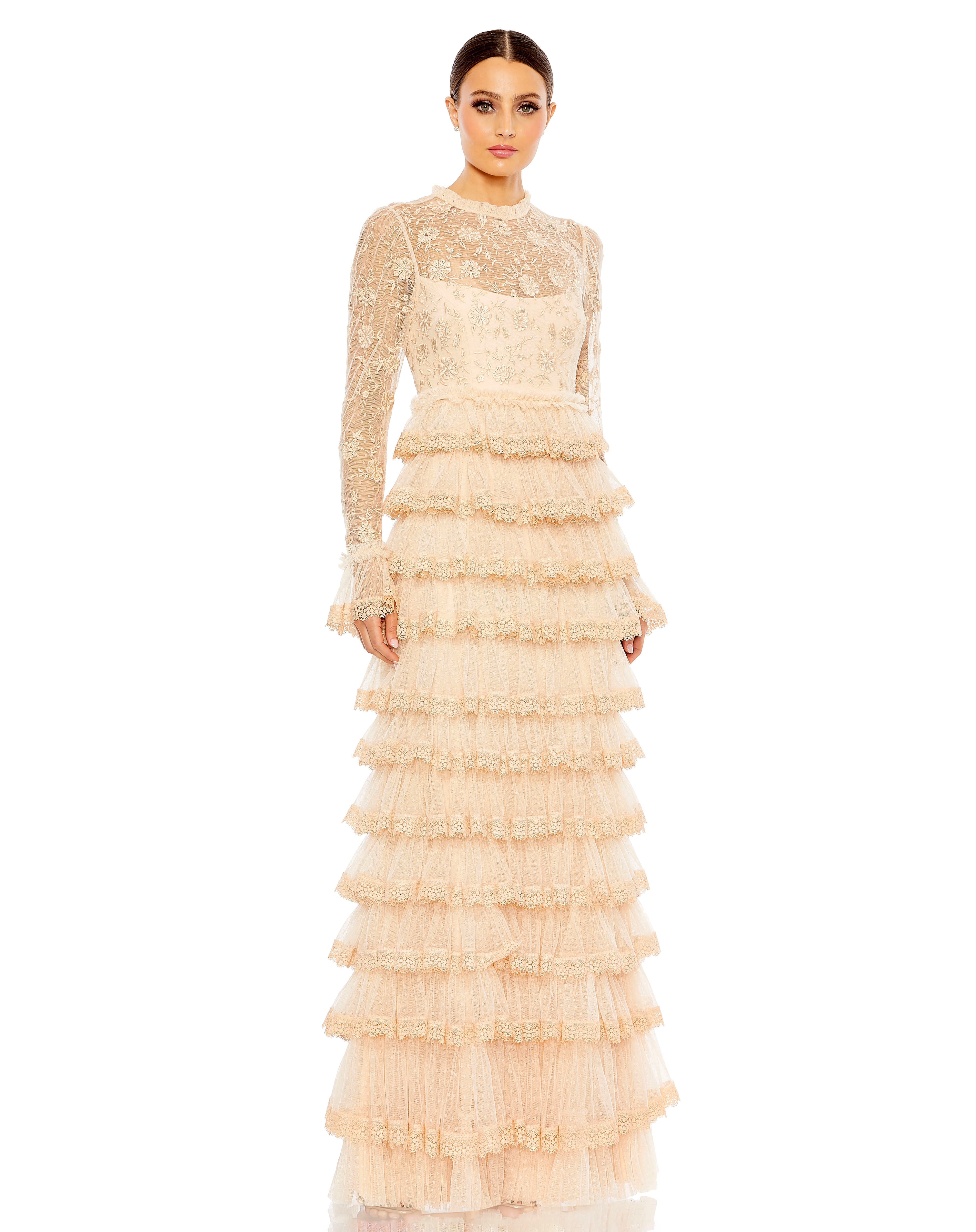 Ecru Mac Duggal 8004 Long Sleeve Formal Tiered Evening Dress for $299.0 – The Dress Outlet