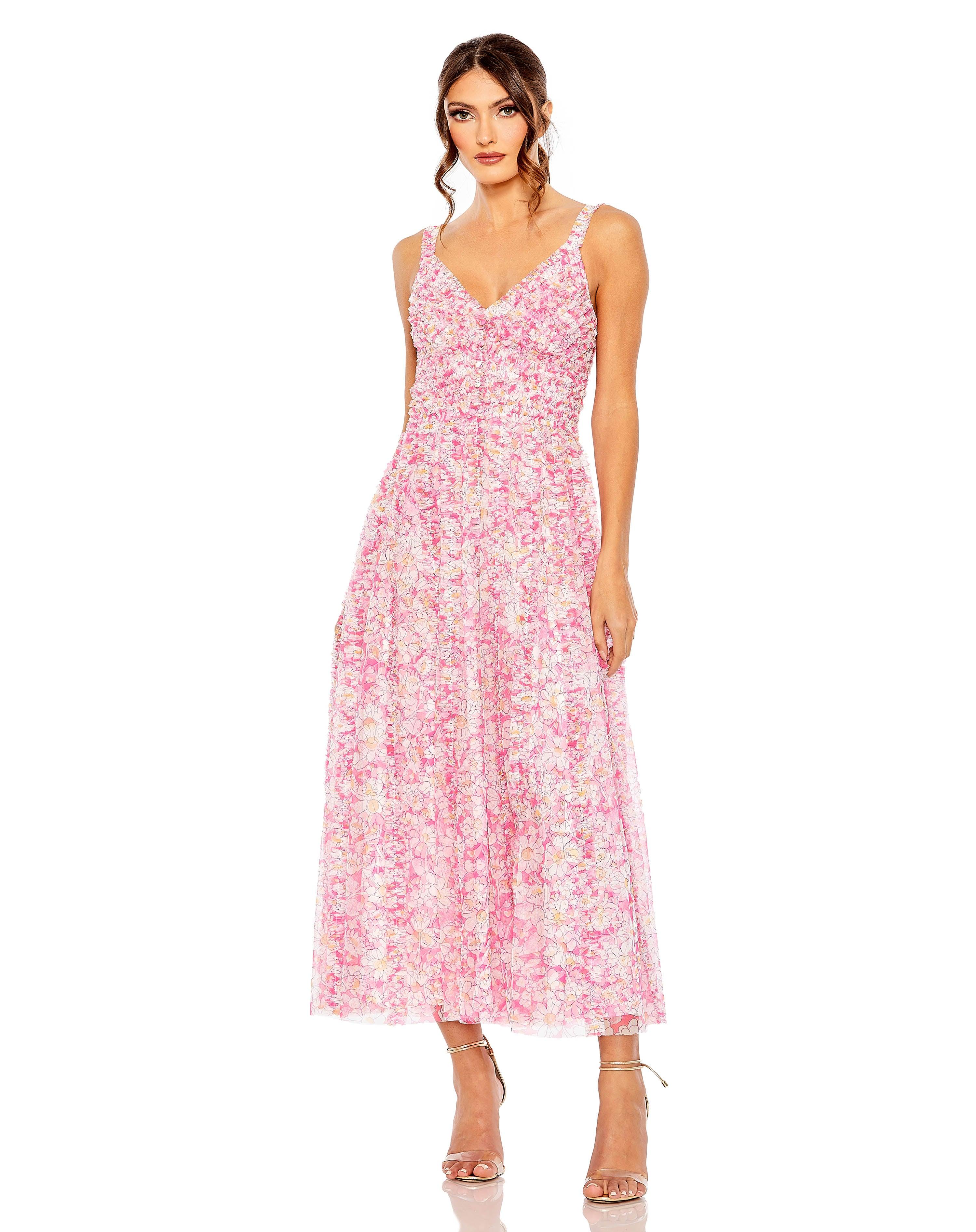 Formal Dresses Sleeveless Floral Tea Length Formal Dress Pink Multi