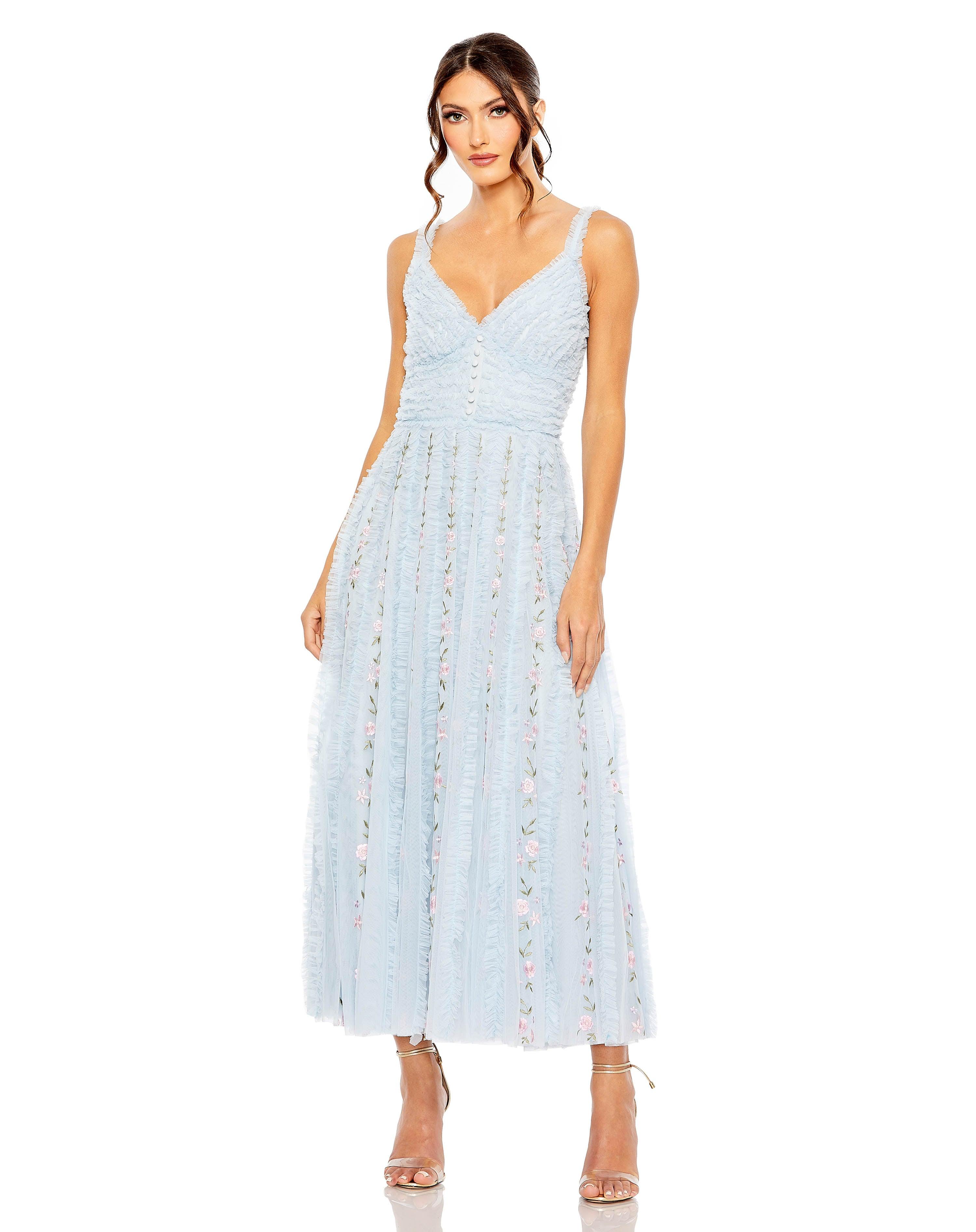 Formal Dresses Tea Length Ruffle Formal Dress Blue Multi