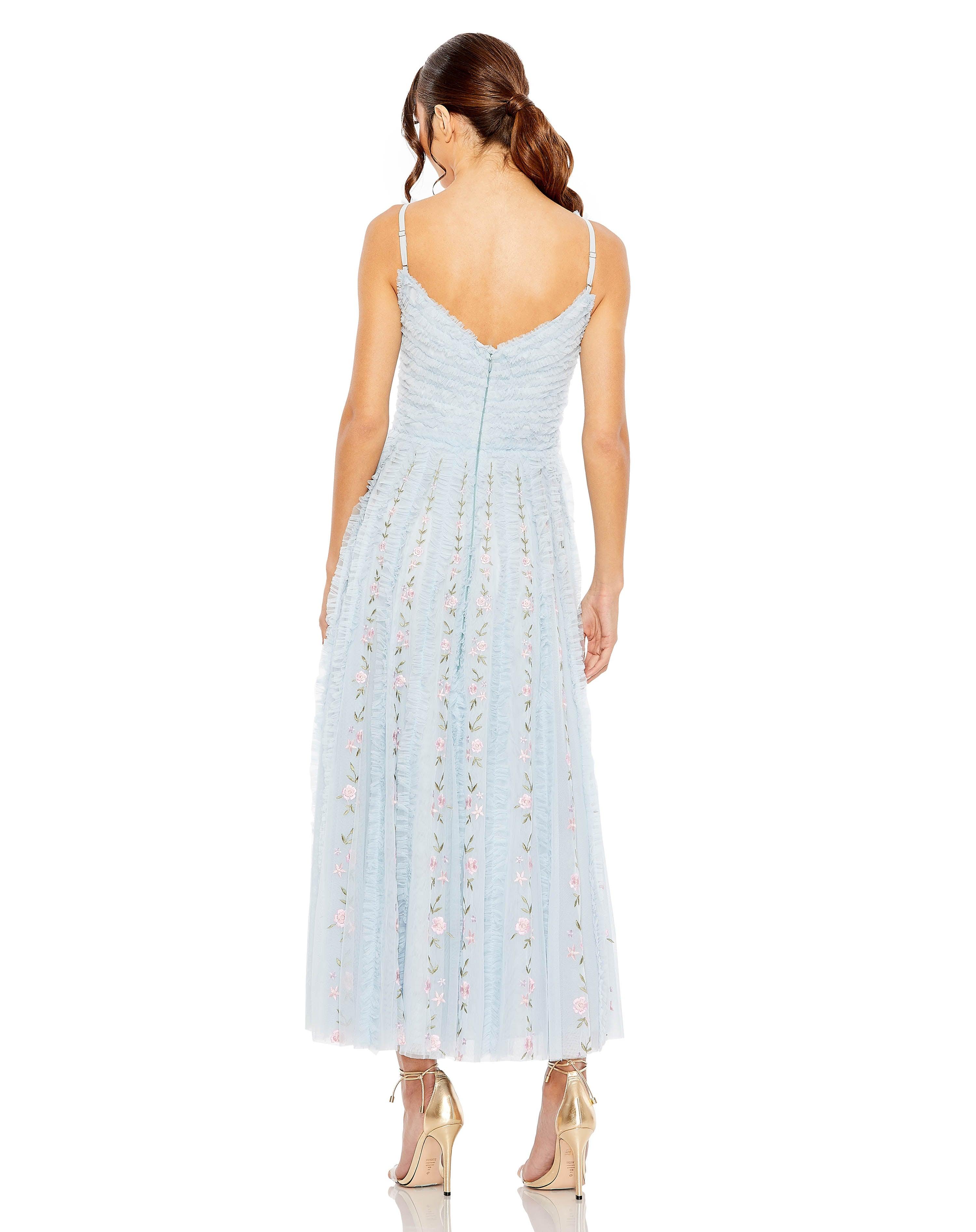 Formal Dresses Tea Length Ruffle Formal Dress Blue Multi