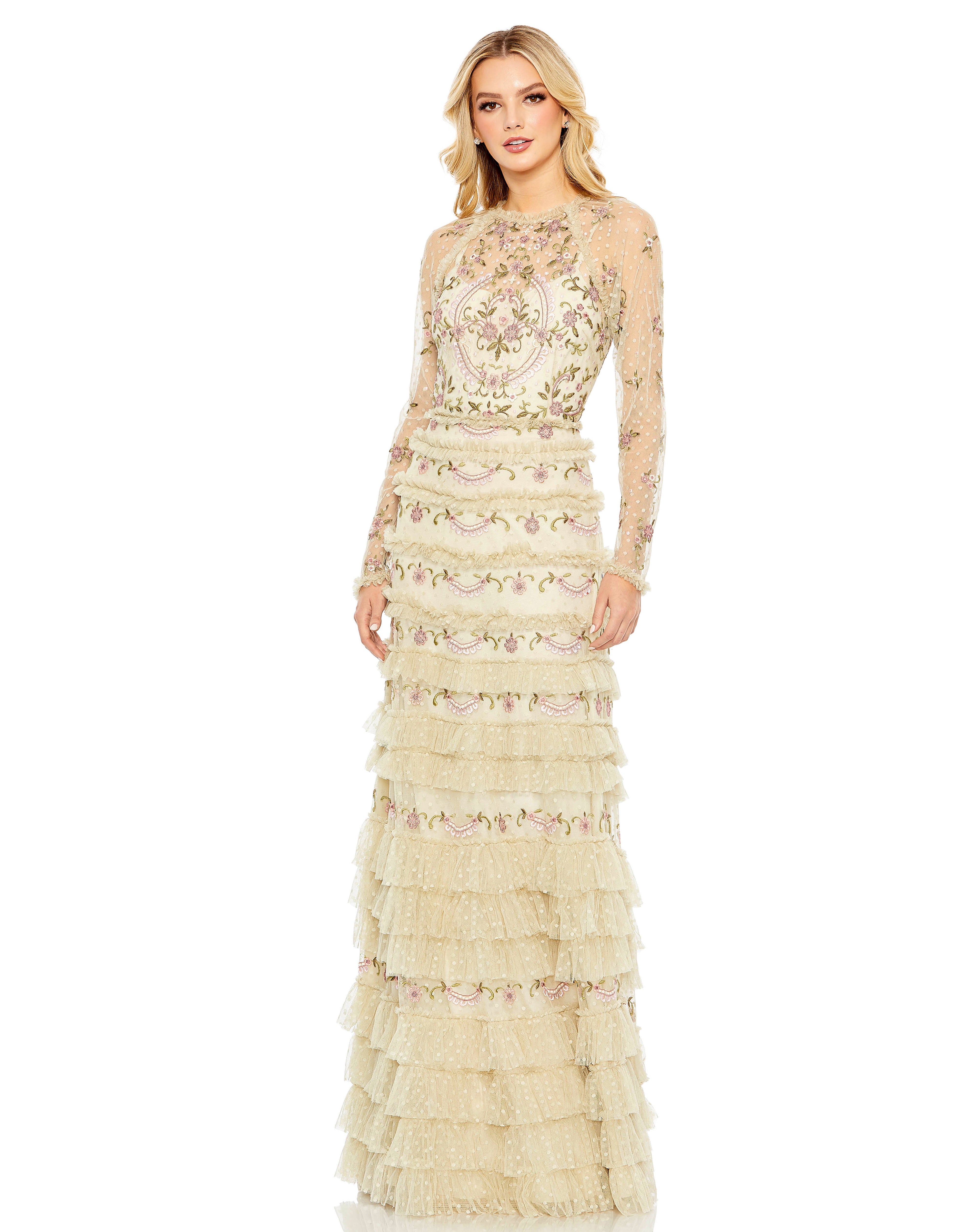 Taupe Multi Mac Duggal 8030 Long Sleeve Formal Evening Dress for $399.0 ...