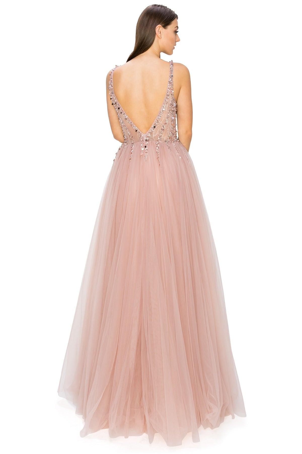 Cinderella Couture CC8034J Sleeveless Beaded Tulle Gown Dusty Rose