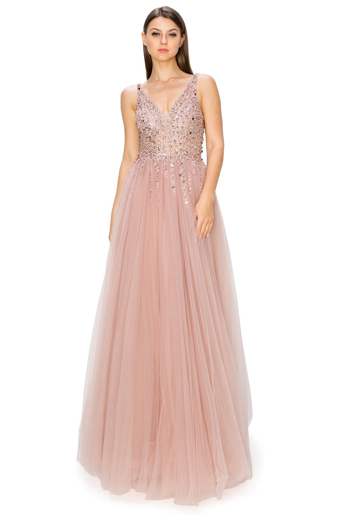 Cinderella Couture CC8034J Sleeveless Beaded Tulle Gown Dusty Rose