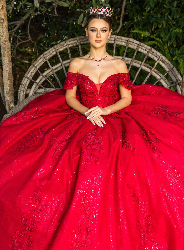 Cinderella Couture CC8045J Off Shoulder Lace Applique Ball Gown Red
