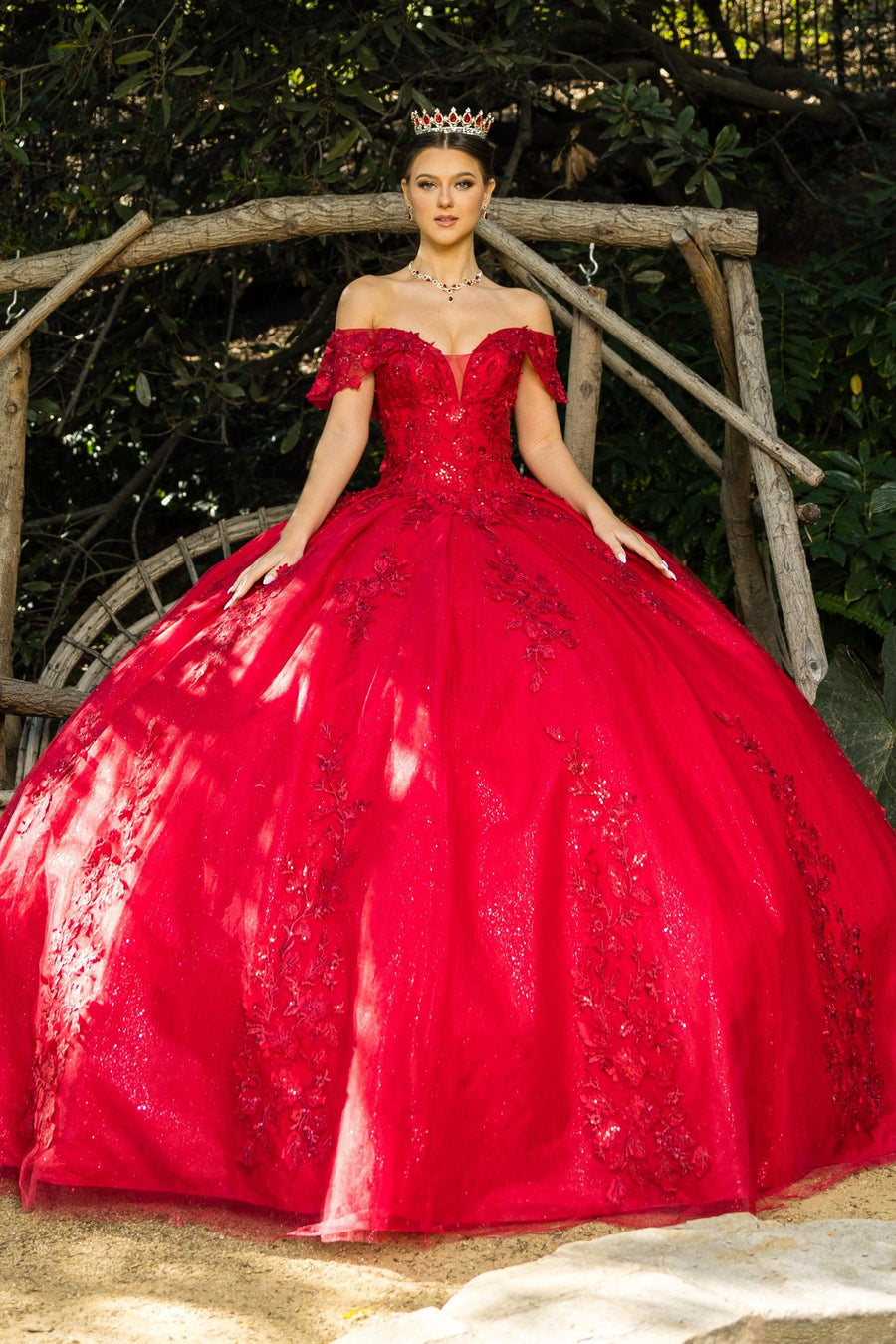 Cinderella Couture CC8045J Off Shoulder Lace Applique Ball Gown Red