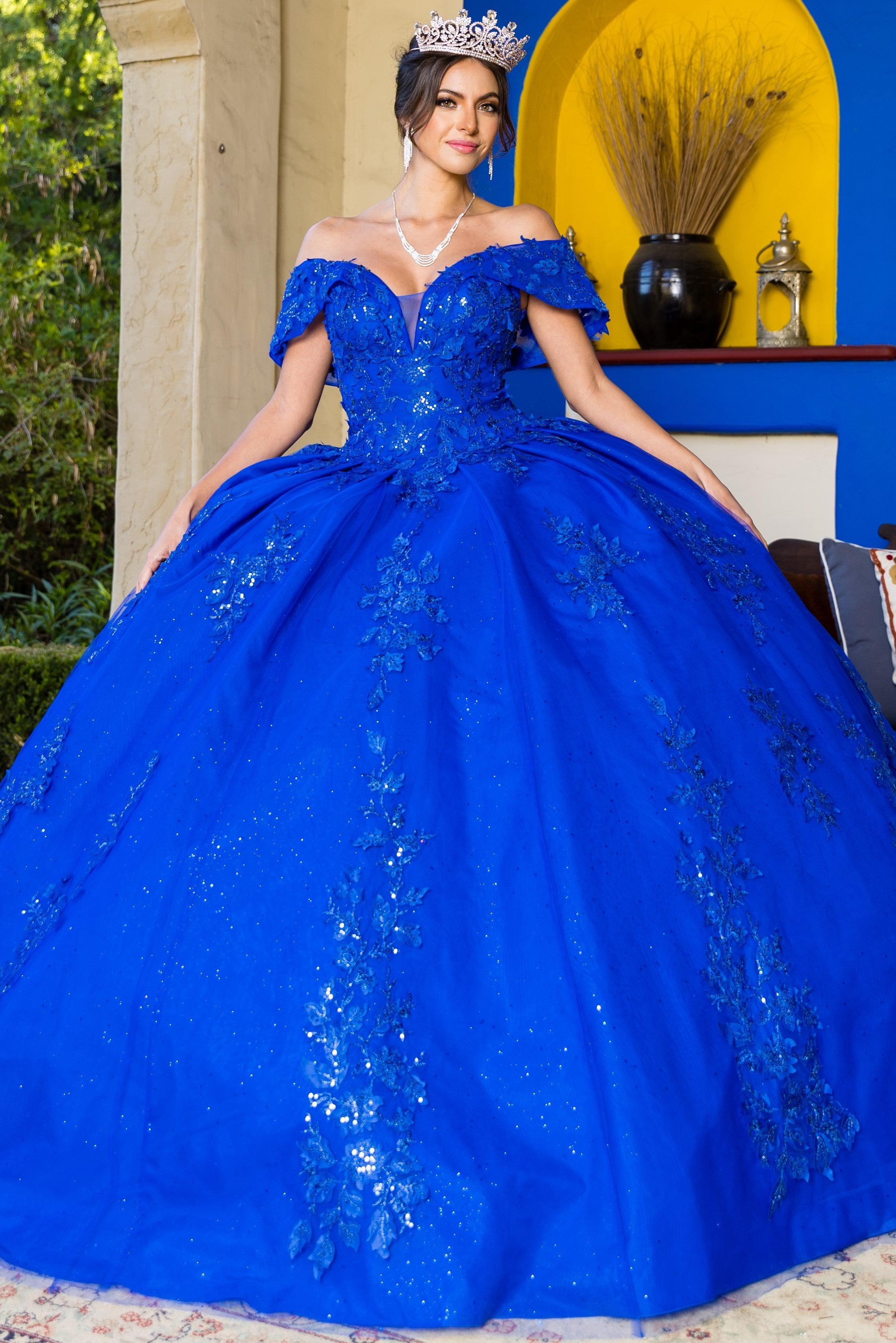 Cinderella Couture CC8045J Off Shoulder Lace Applique Ball Gown Royal