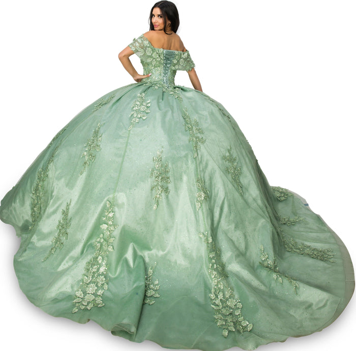 Cinderella Couture CC8045J Off Shoulder Lace Applique Ball Gown Sage
