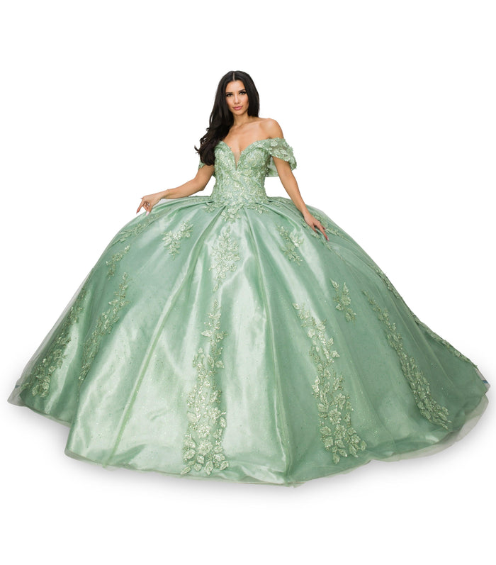 Cinderella Couture CC8045J Off Shoulder Lace Applique Ball Gown Sage