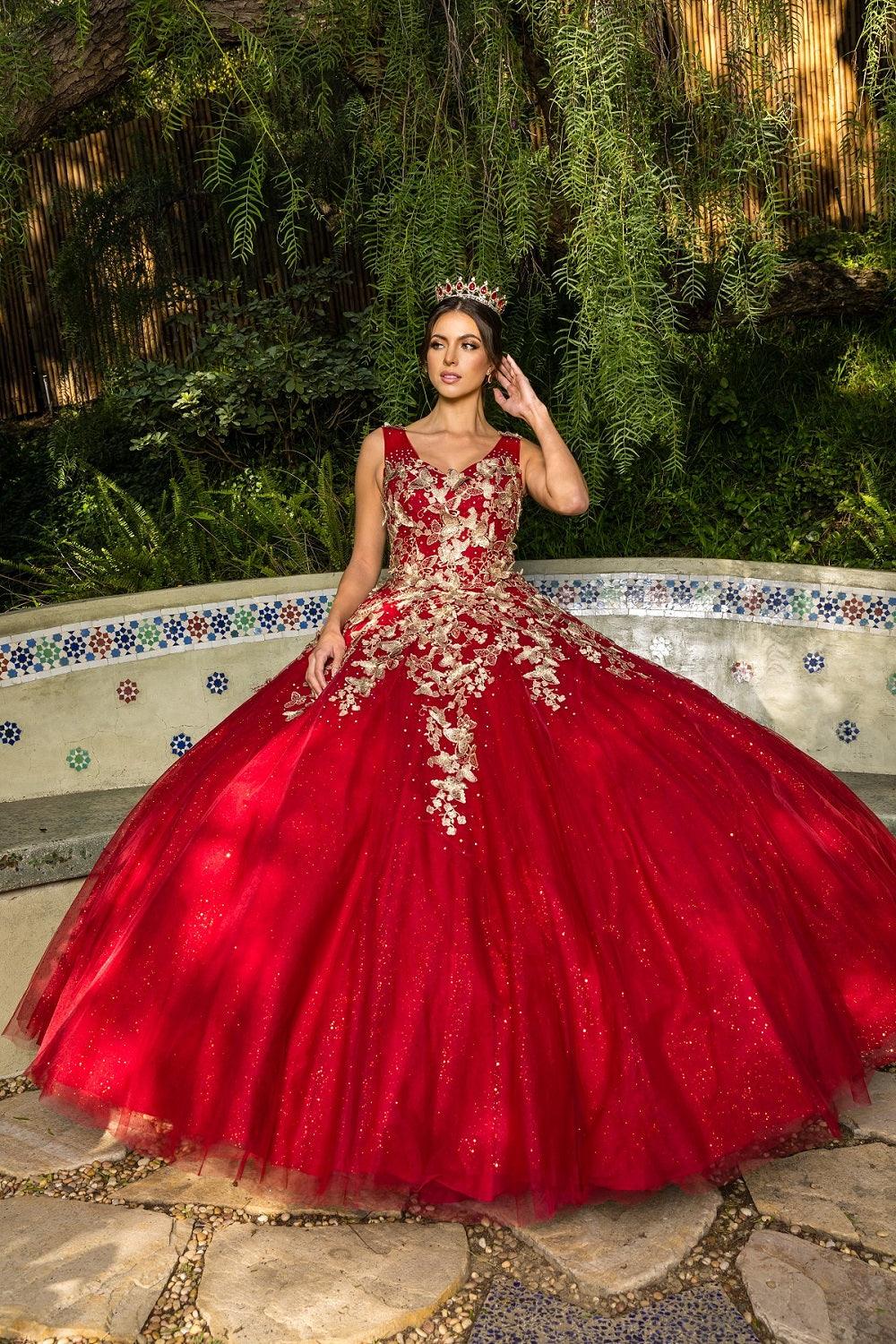 Cinderella Couture CC8046J Sleeveless Glitter Tulle Ball Gown Burgundy
