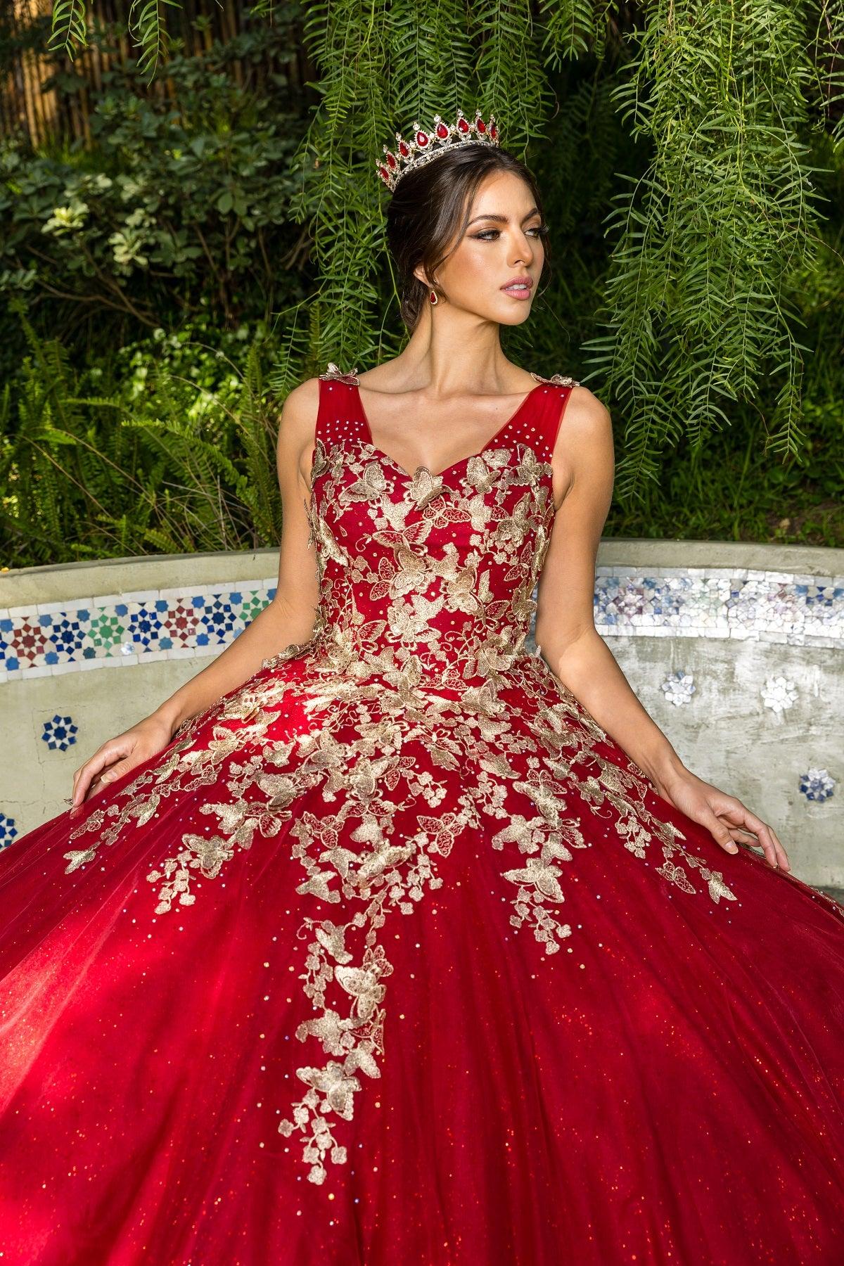 Cinderella Couture CC8046J Sleeveless Glitter Tulle Ball Gown Burgundy
