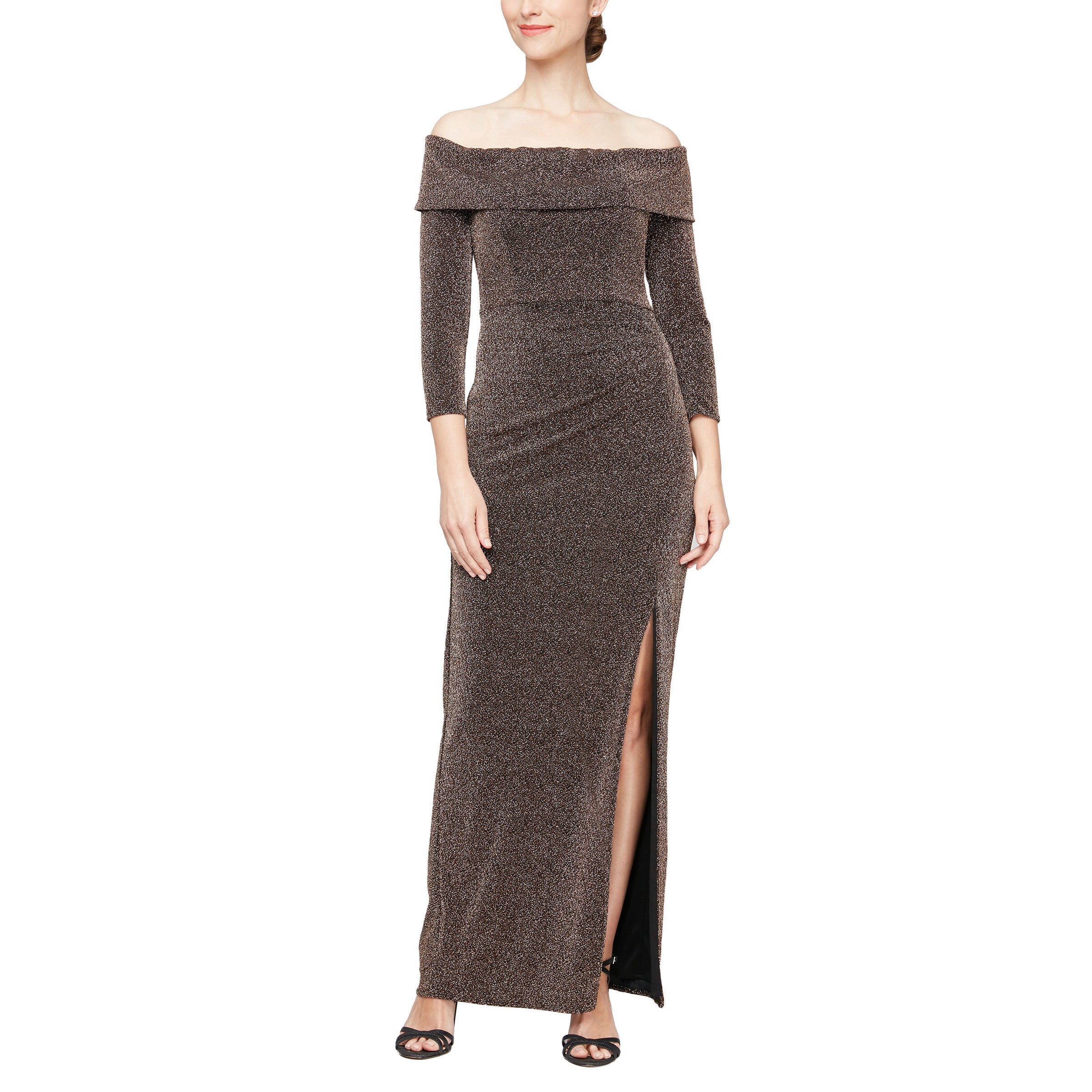 Black/Copper Alex Evenings 8127757 Long Off Shoulder Formal Dress for