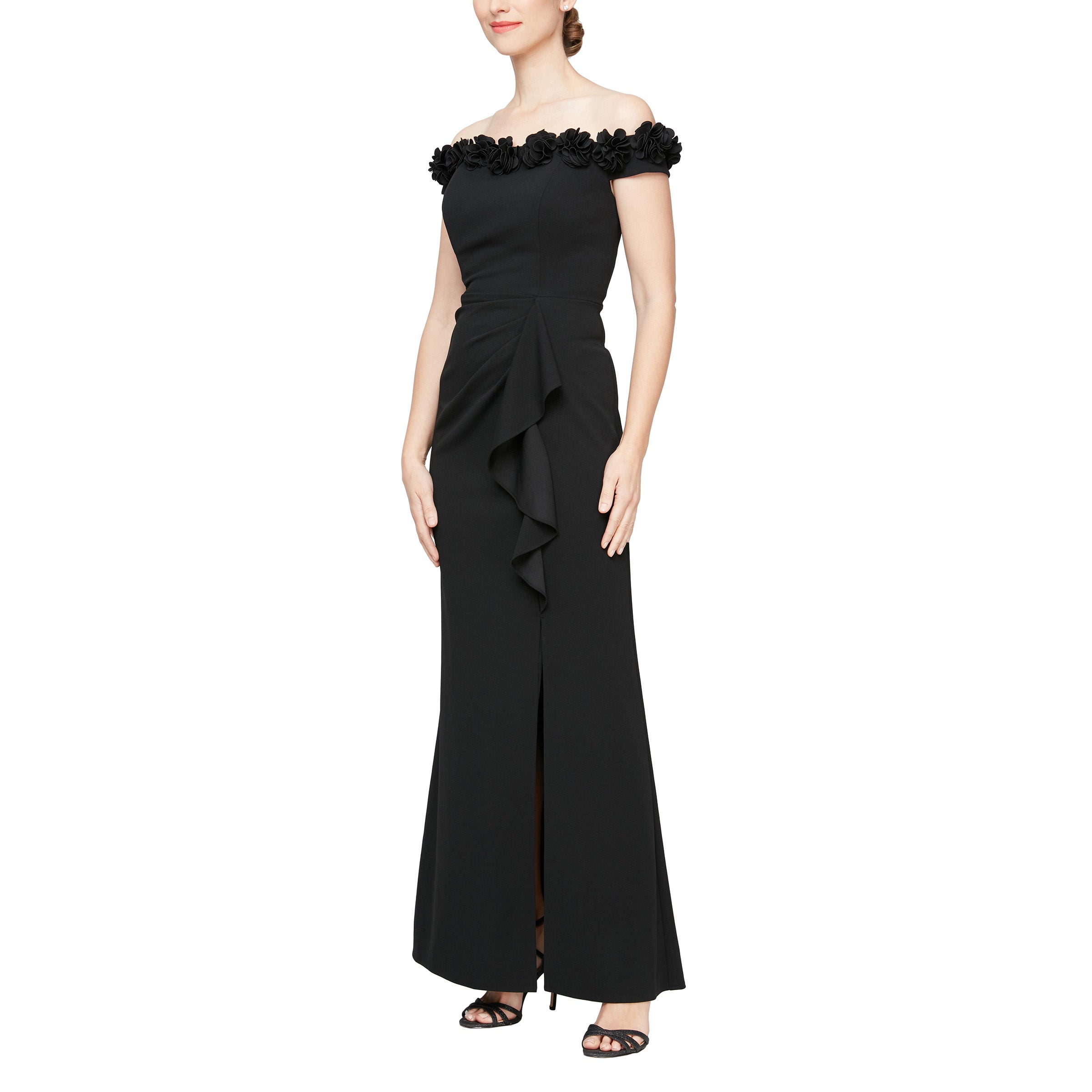 Black Alex Evenings 8160404 Long Off Shoulder 3D Floral