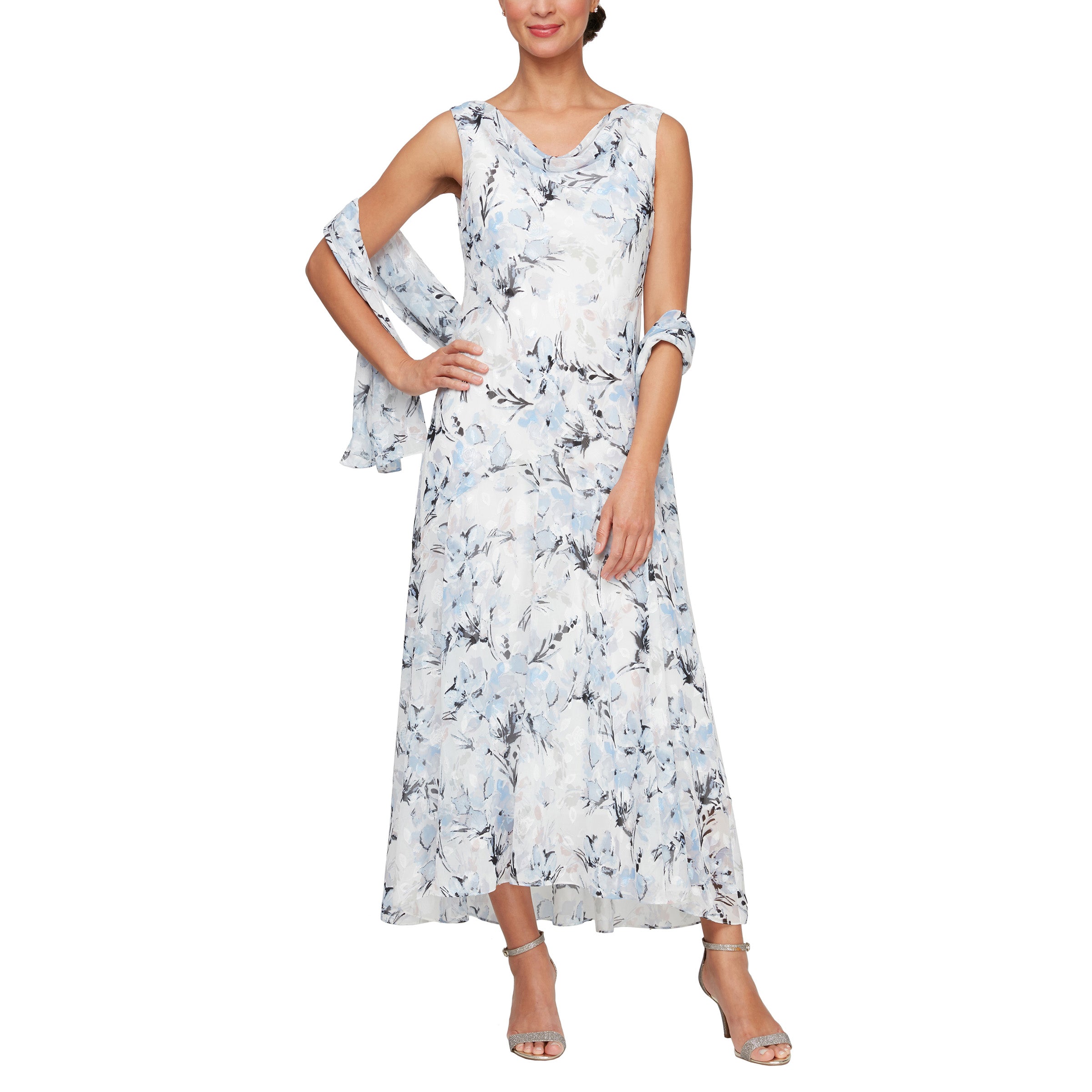 Ivory Multi Alex Evenings 8175929 Tea Length Printed Formal Dress