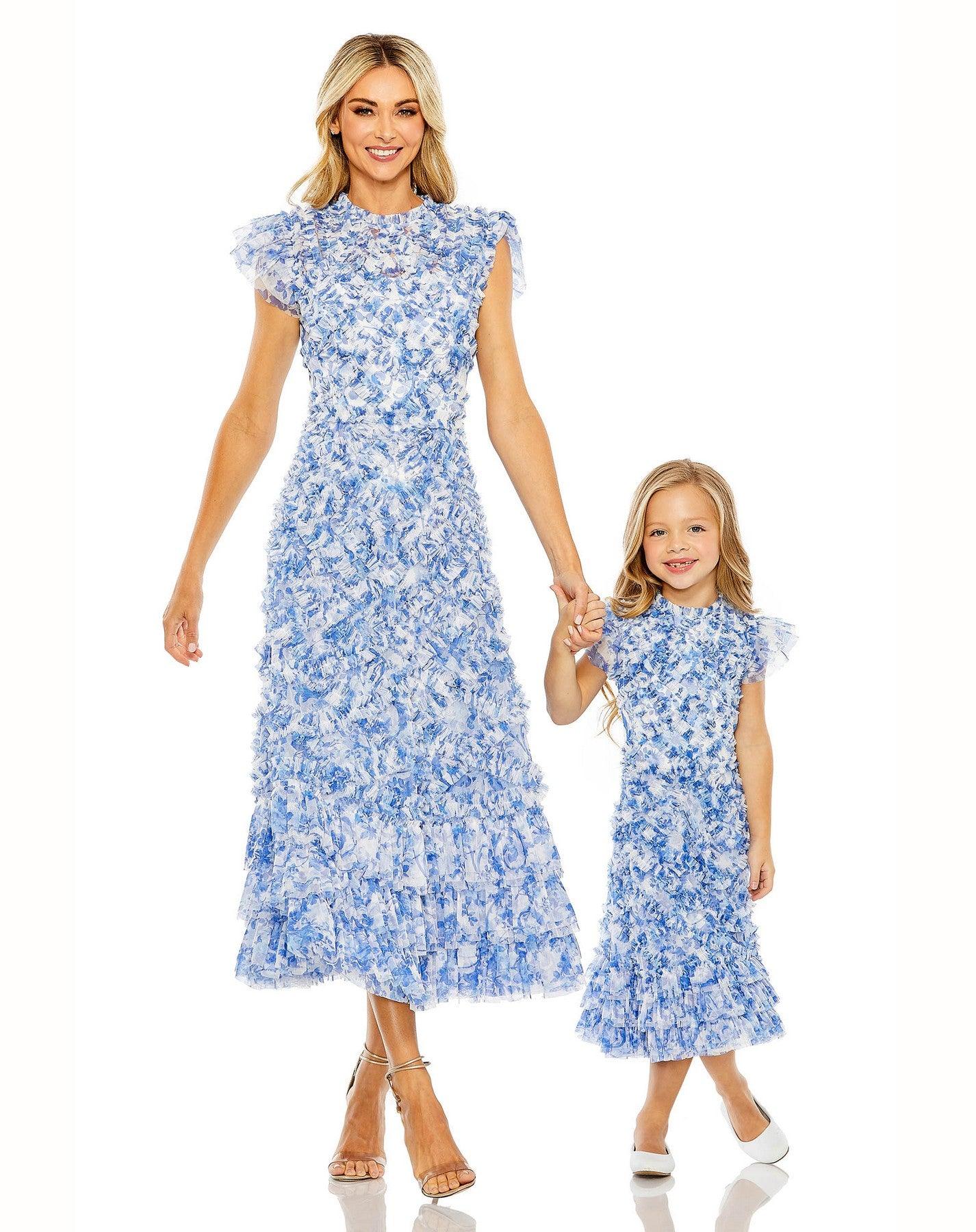 Blue Multi Mac Duggal 8215 Little Girls Cap Sleeve Chiffon Midi Length Dress for $298.0 – The ...