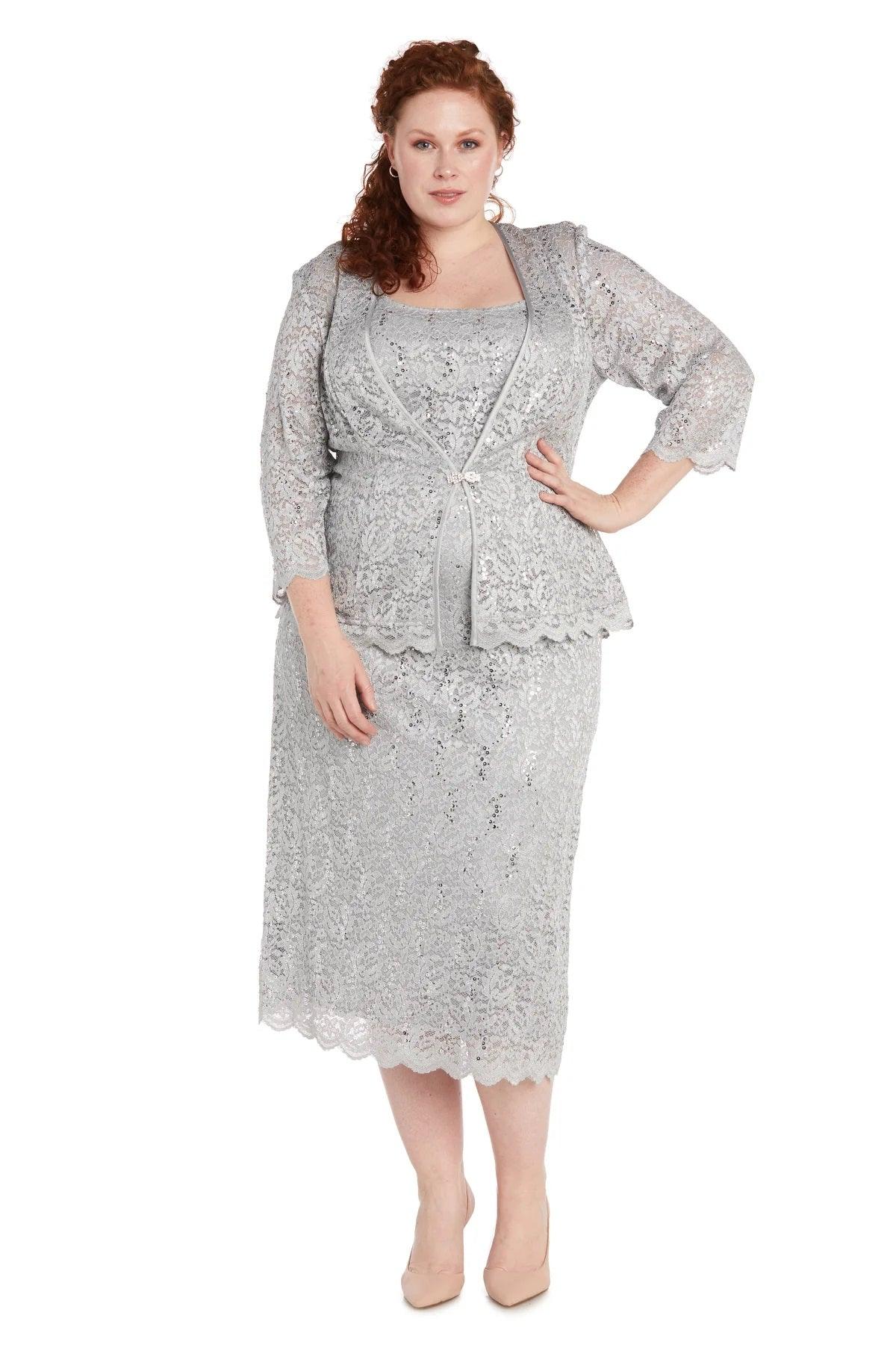 Mother of the Bride Dresses Plus Size Formal Lace Jacket Midi Dress Silver