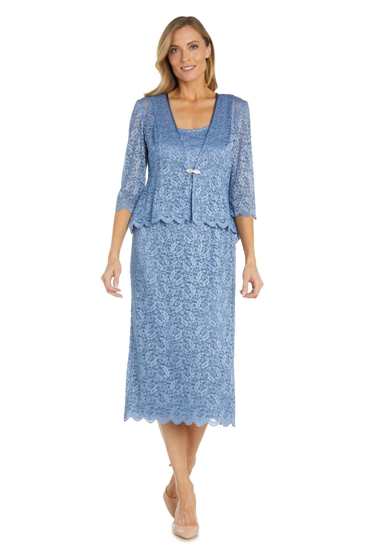 Dusty Blue R&M Richards 9285 Mother of the Bride Lace Jacket Midi Dress for $112.99 – The Dress ...