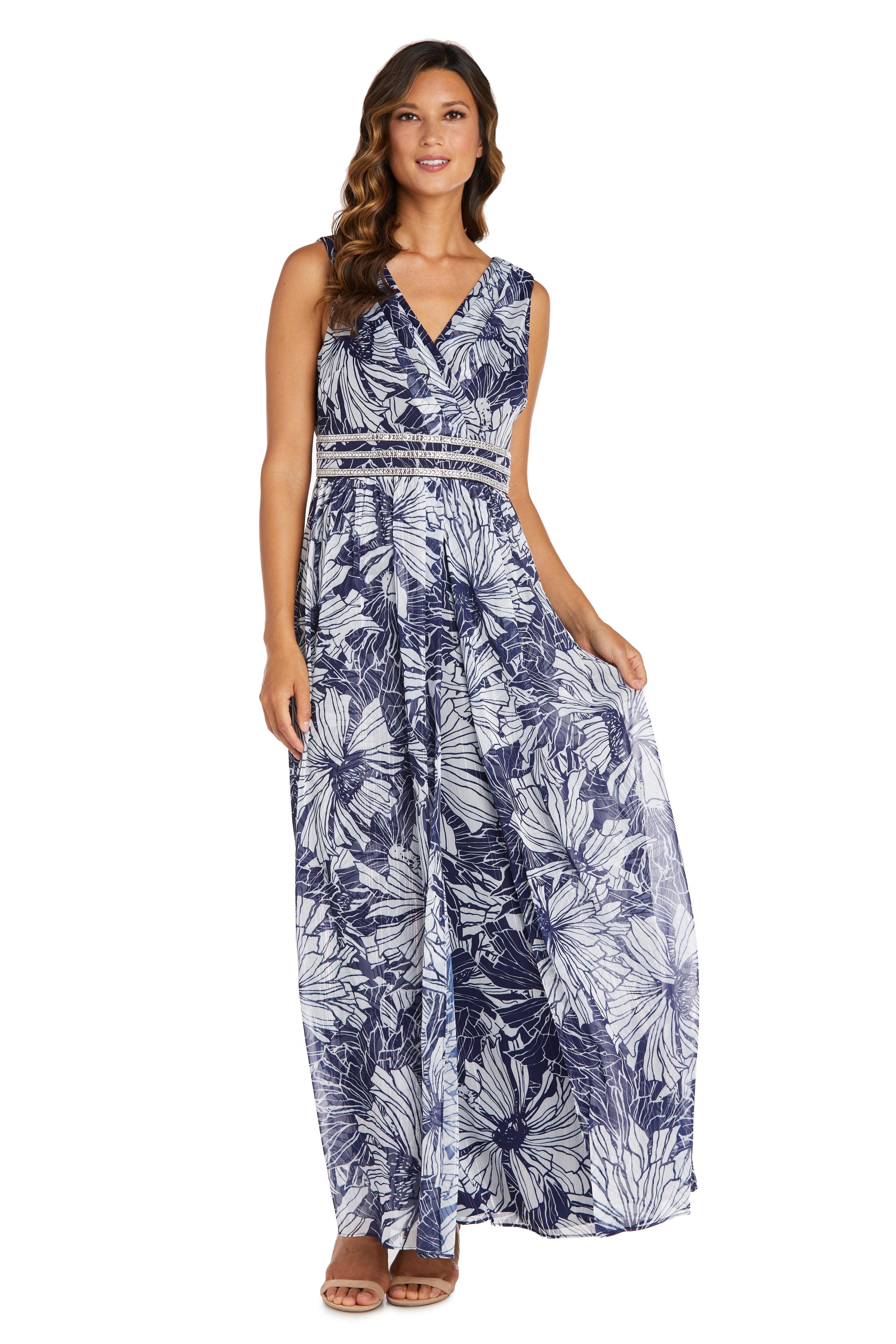Mother of the Bride Dresses Long Sleeveless Floral Formal Dress Navy/White
