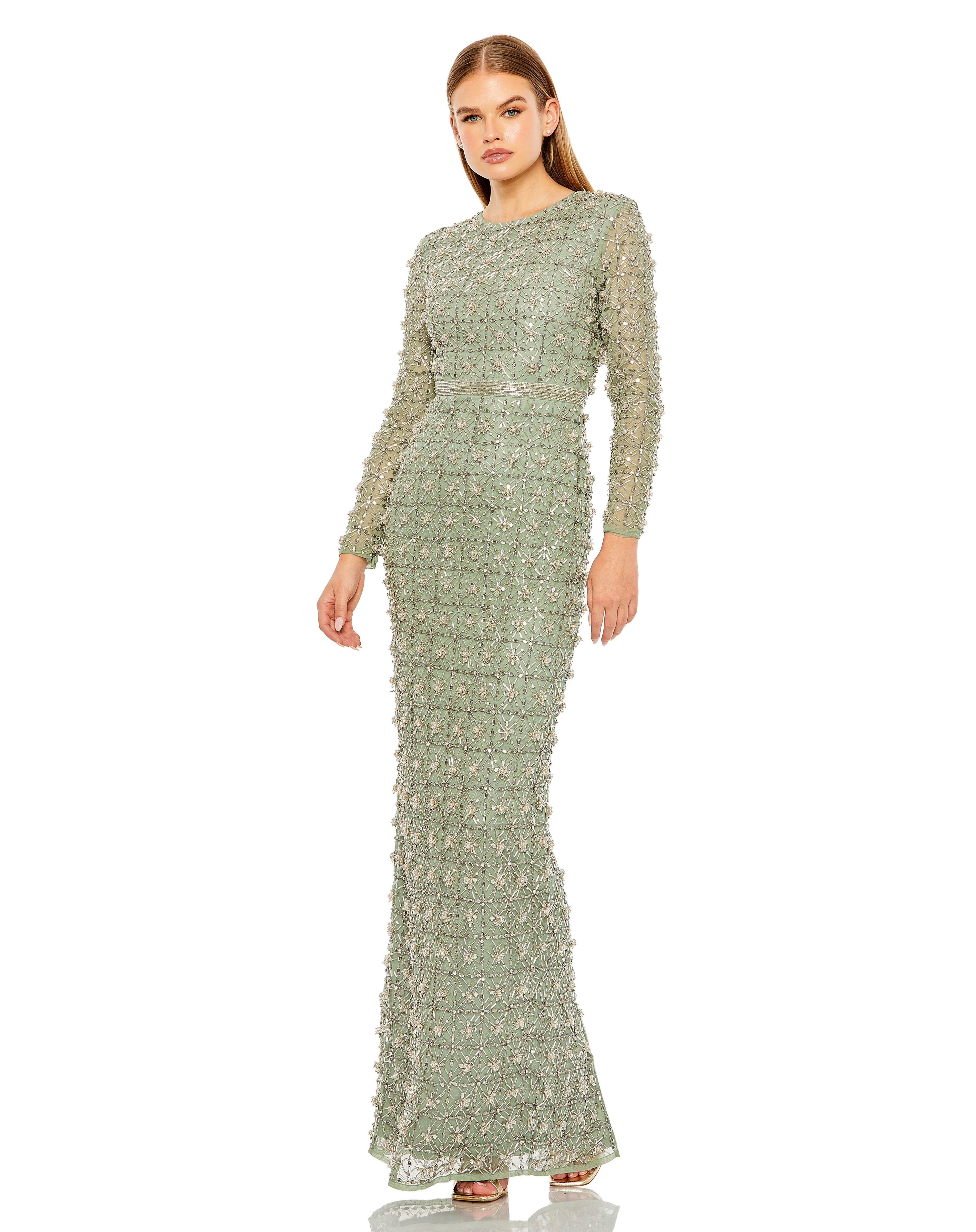 Jade Mac Duggal 93827 Fitted Formal Beaded Long Sleeve Evening Dress