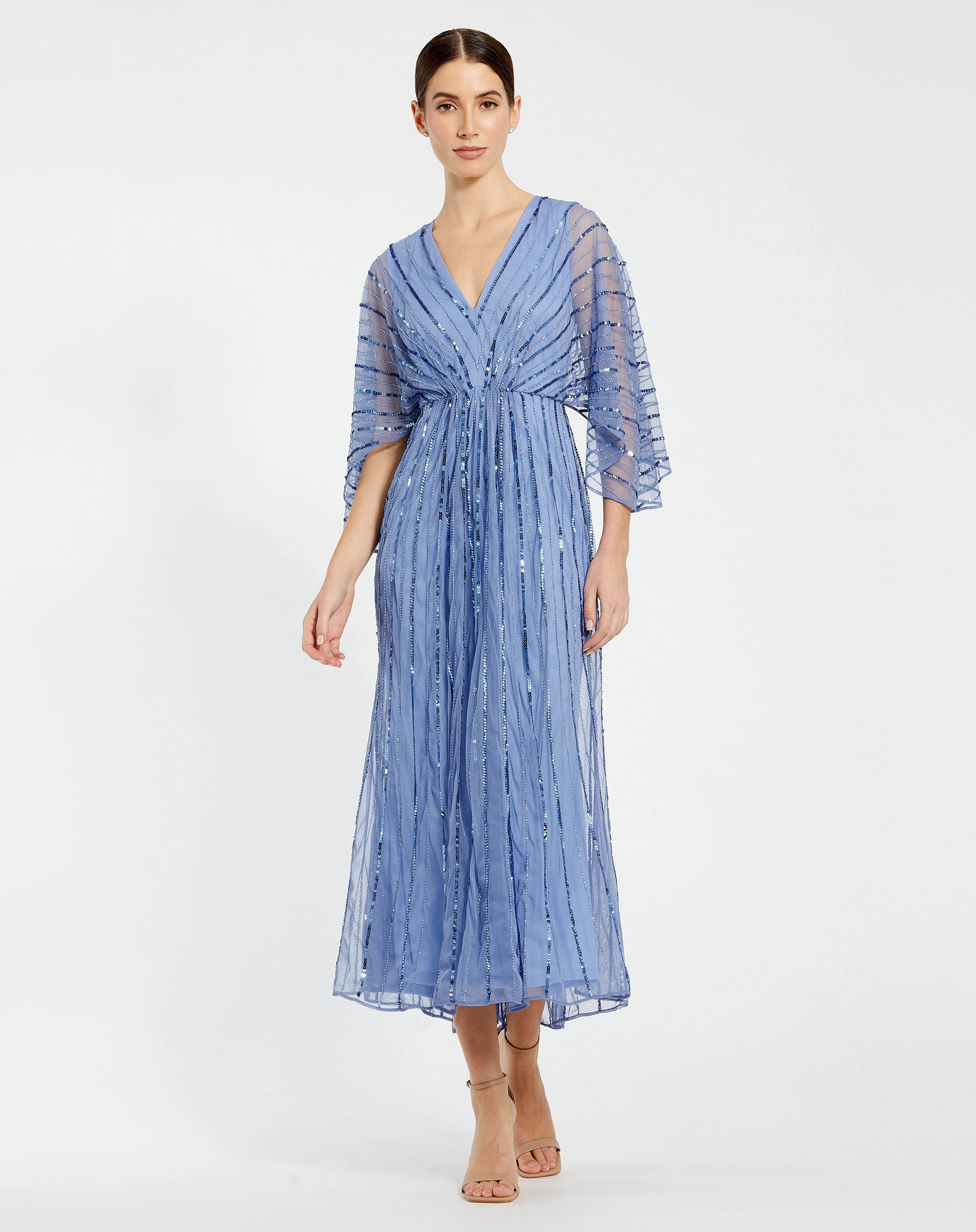 Prom Dresses Beaded Kimono Sleeve A Line Midi Length Dress Periwinkle