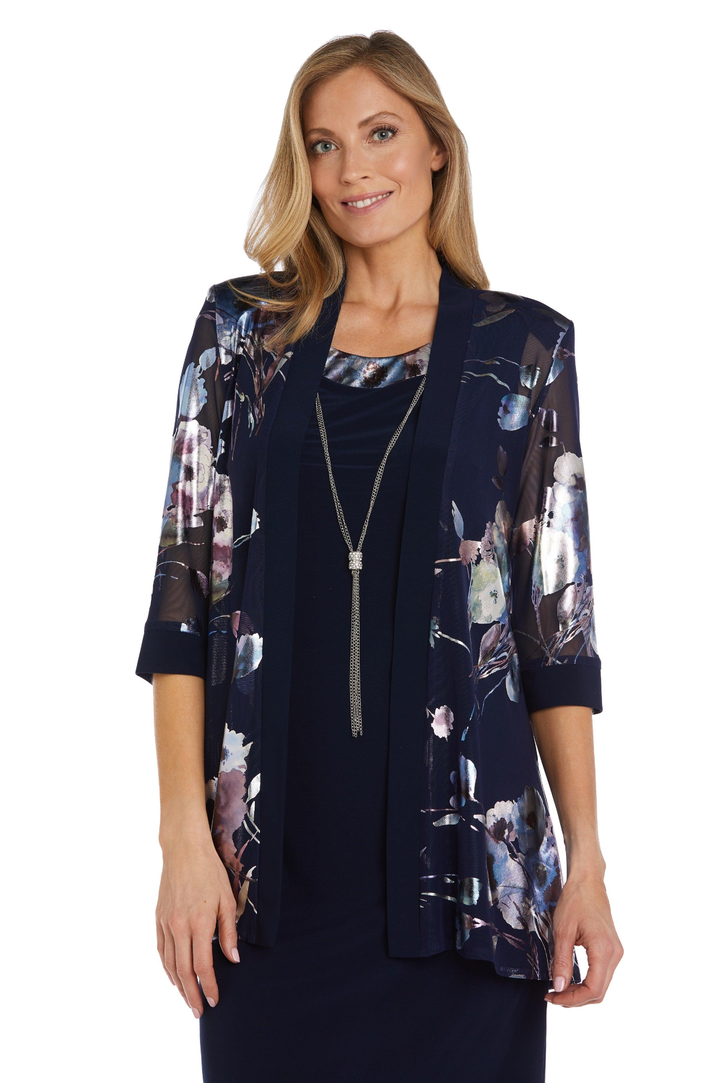 Mother of the Bride Dresses Short Sleeveless Floral Sheer Jacket Dress Navy/Periwinkle