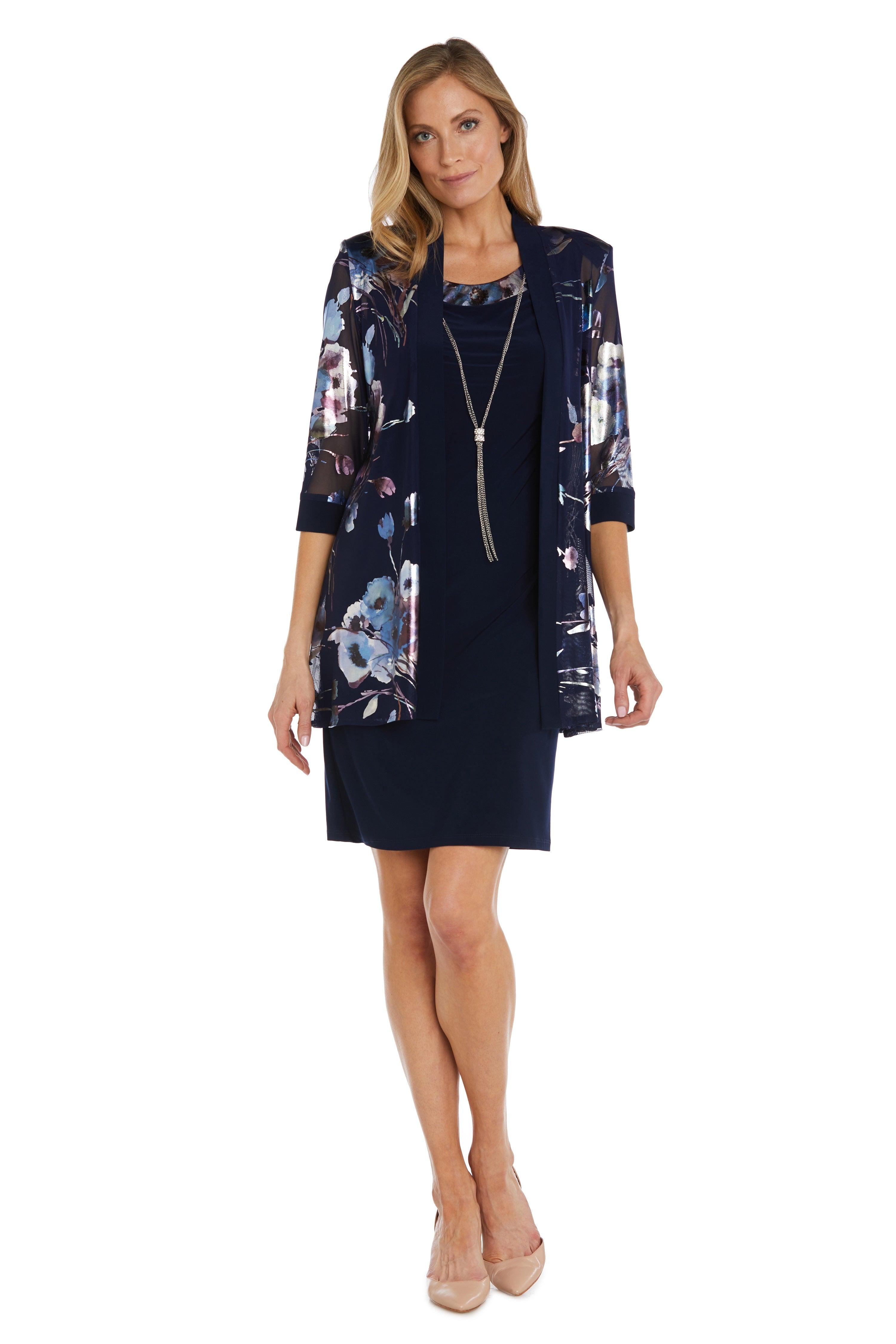 Mother of the Bride Dresses Short Sleeveless Floral Sheer Jacket Dress Navy/Periwinkle